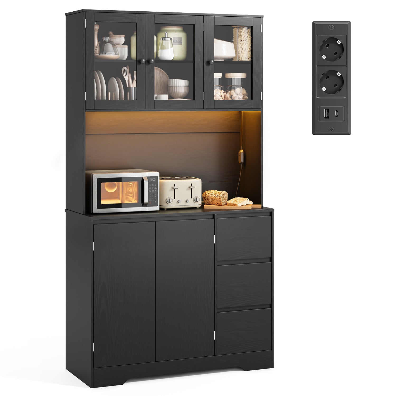 Bealife AP121 Küchenschrank mit Ladestation & Farbverstellbar LED Beleuchtung, Vitrinenschrank Hochschrank mit verstellbaren Regalen