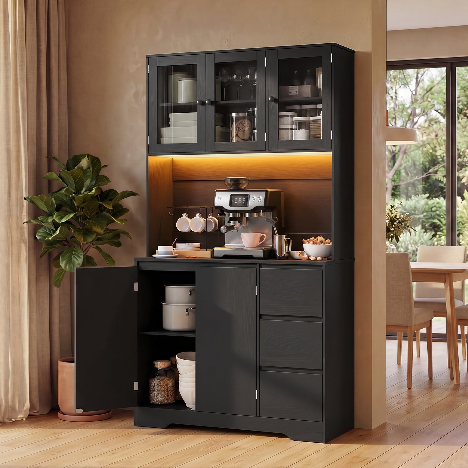 Bealife AP121 Küchenschrank mit Ladestation & Farbverstellbar LED Beleuchtung, Vitrinenschrank Hochschrank mit verstellbaren Regalen