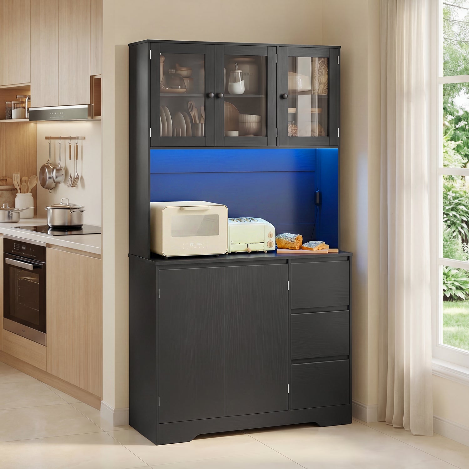 Bealife AP121 Küchenschrank mit Ladestation & Farbverstellbar LED Beleuchtung, Vitrinenschrank Hochschrank mit verstellbaren Regalen