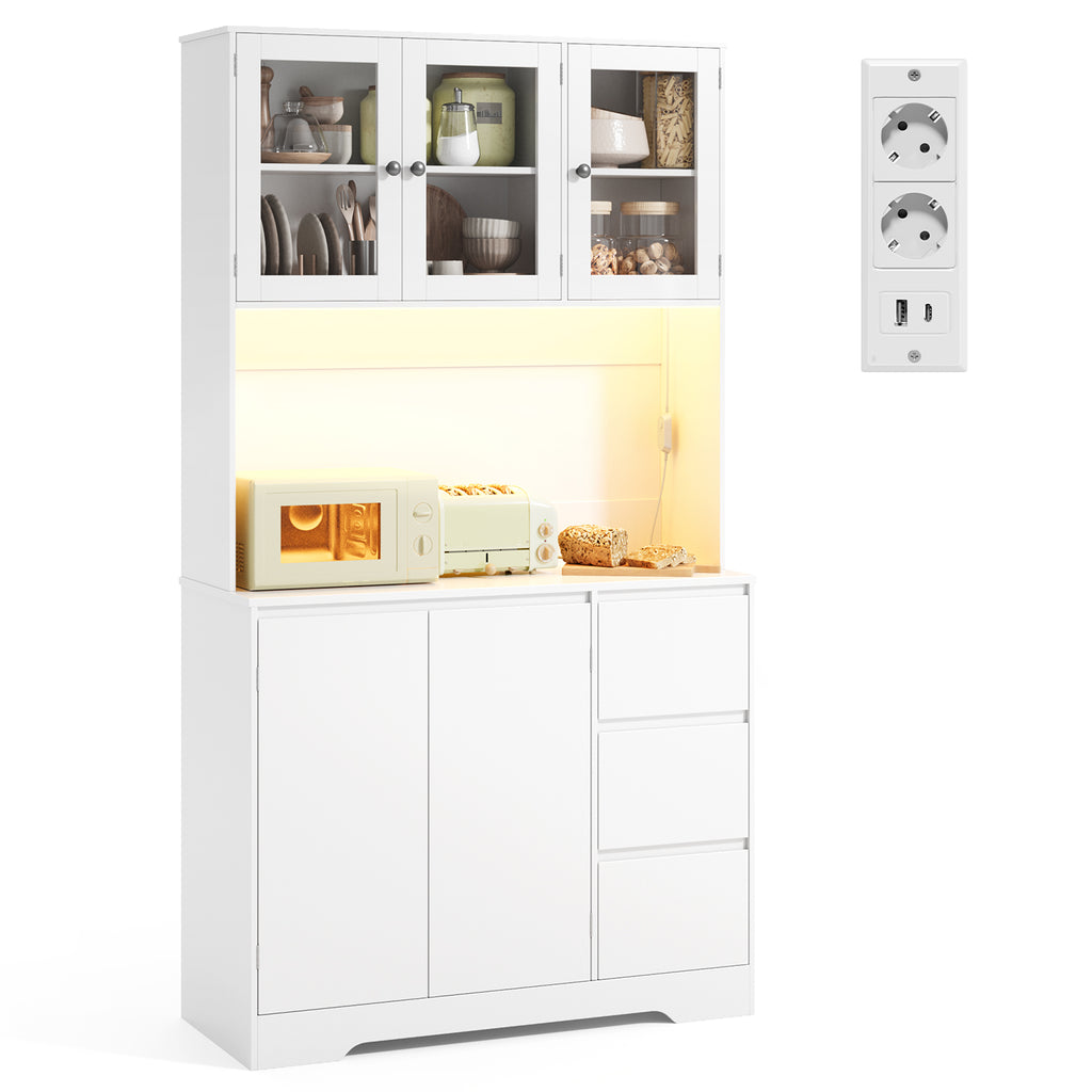 Bealife AP121 Küchenschrank mit Ladestation & Farbverstellbar LED Beleuchtung, Vitrinenschrank Hochschrank mit verstellbaren Regalen