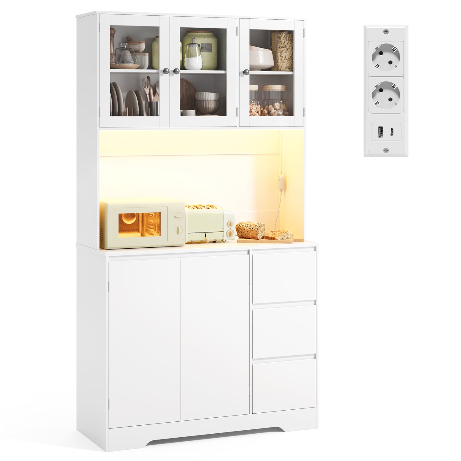 Bealife AP121 Küchenschrank mit Ladestation & Farbverstellbar LED Beleuchtung, Vitrinenschrank Hochschrank mit verstellbaren Regalen