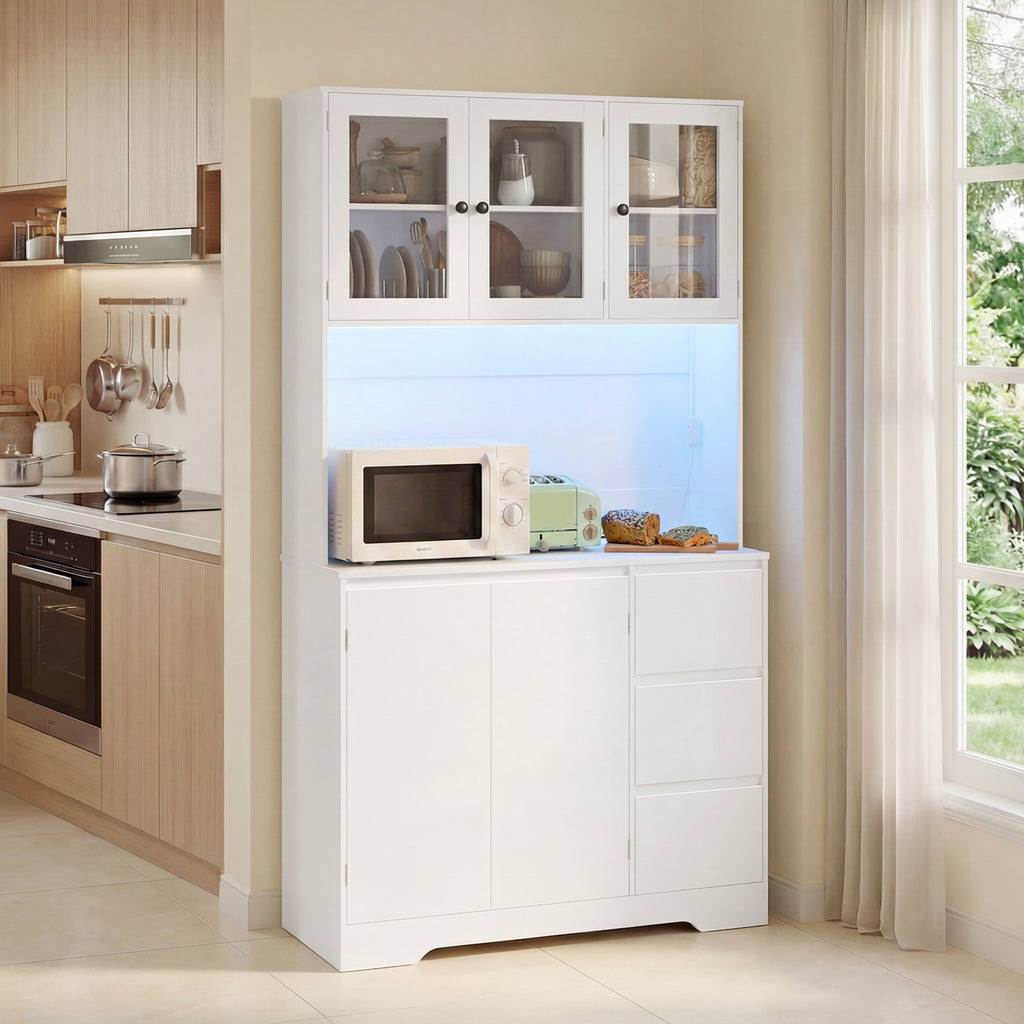 Bealife AP121 Küchenschrank mit Ladestation & Farbverstellbar LED Beleuchtung, Vitrinenschrank Hochschrank mit verstellbaren Regalen
