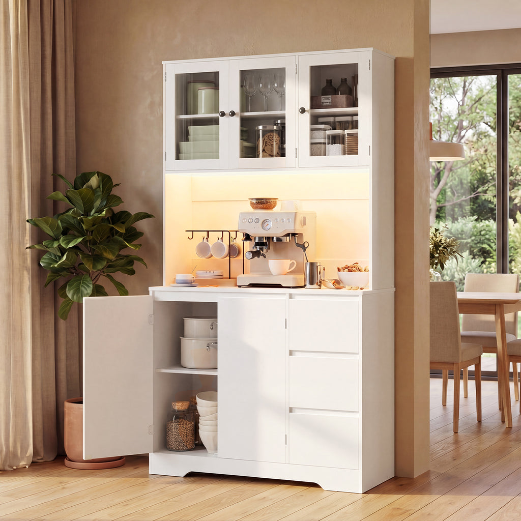 Bealife AP121 Küchenschrank mit Ladestation & Farbverstellbar LED Beleuchtung, Vitrinenschrank Hochschrank mit verstellbaren Regalen
