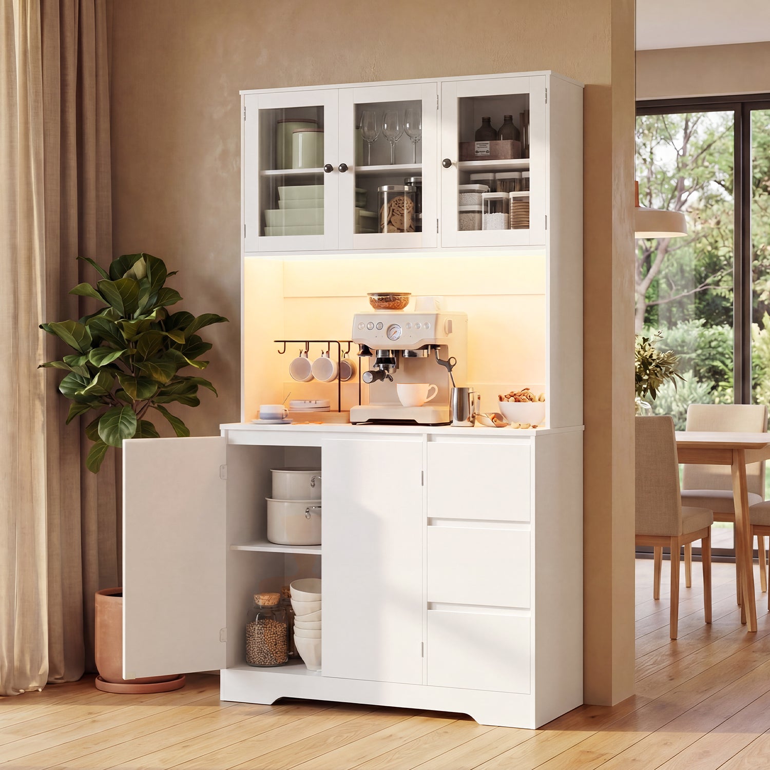Bealife AP121 Küchenschrank mit Ladestation & Farbverstellbar LED Beleuchtung, Vitrinenschrank Hochschrank mit verstellbaren Regalen