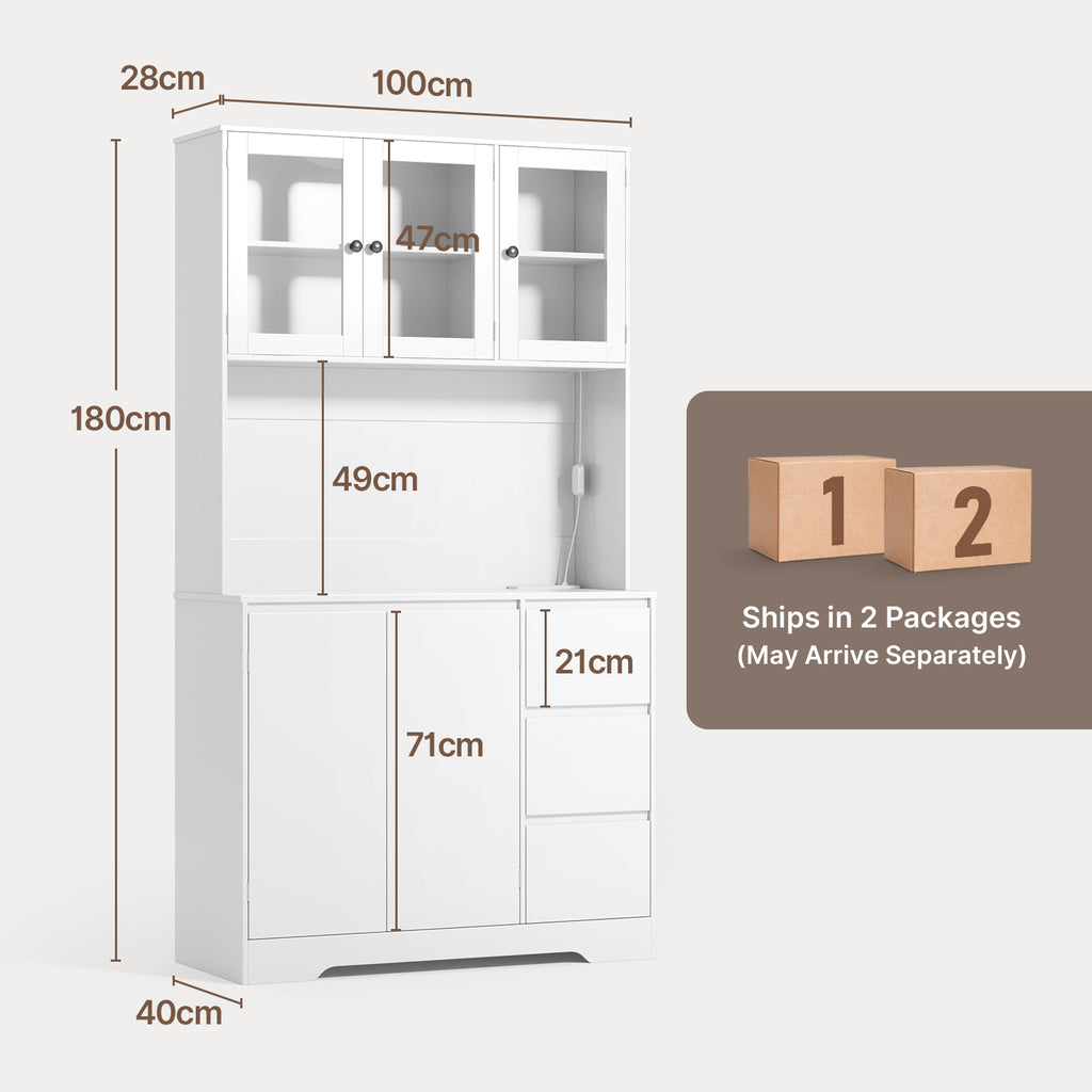 Bealife AP121 Küchenschrank mit Ladestation & Farbverstellbar LED Beleuchtung, Vitrinenschrank Hochschrank mit verstellbaren Regalen