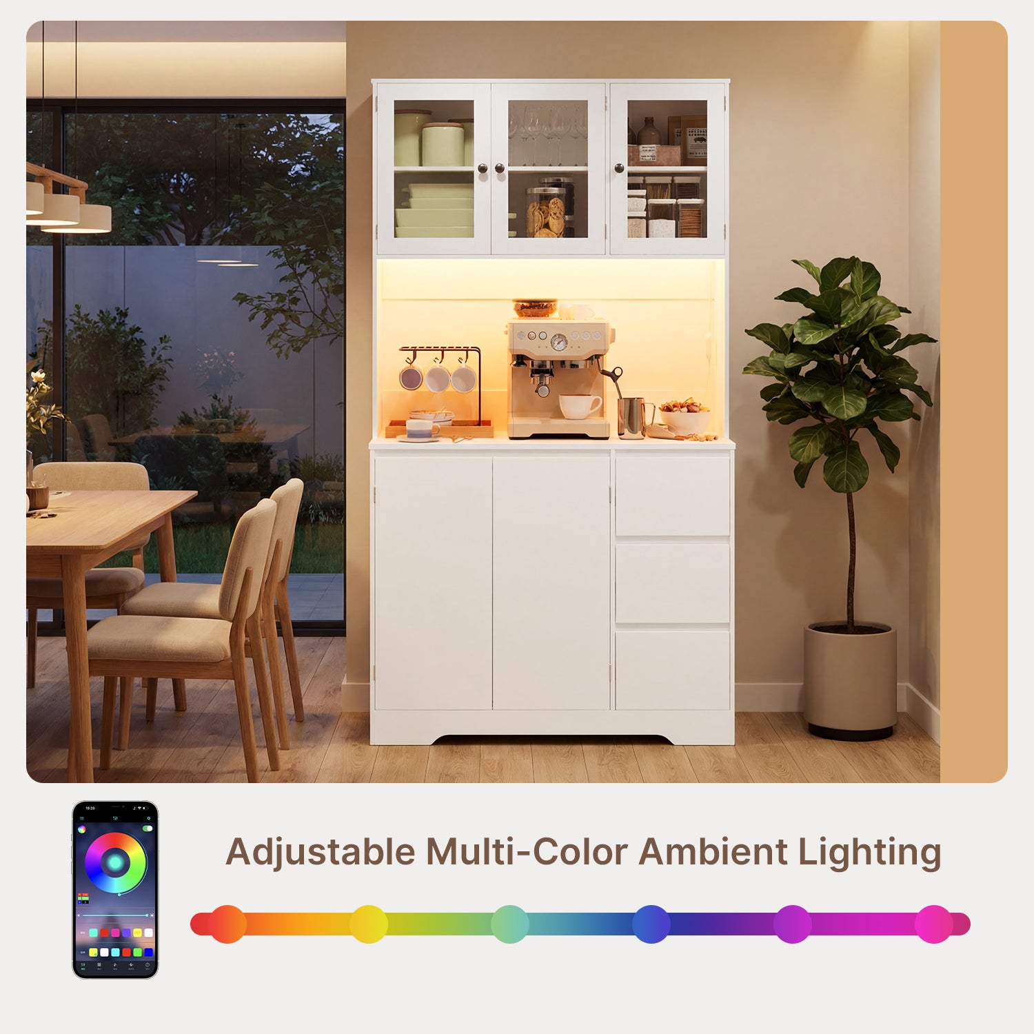 Bealife AP121 Küchenschrank mit Ladestation & Farbverstellbar LED Beleuchtung, Vitrinenschrank Hochschrank mit verstellbaren Regalen