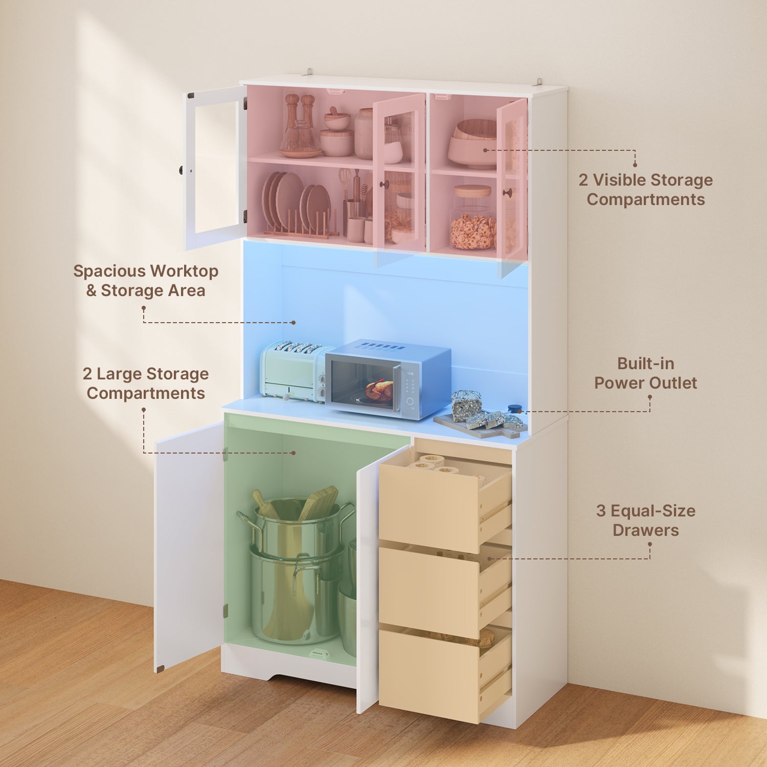 Bealife AP121 Küchenschrank mit Ladestation & Farbverstellbar LED Beleuchtung, Vitrinenschrank Hochschrank mit verstellbaren Regalen