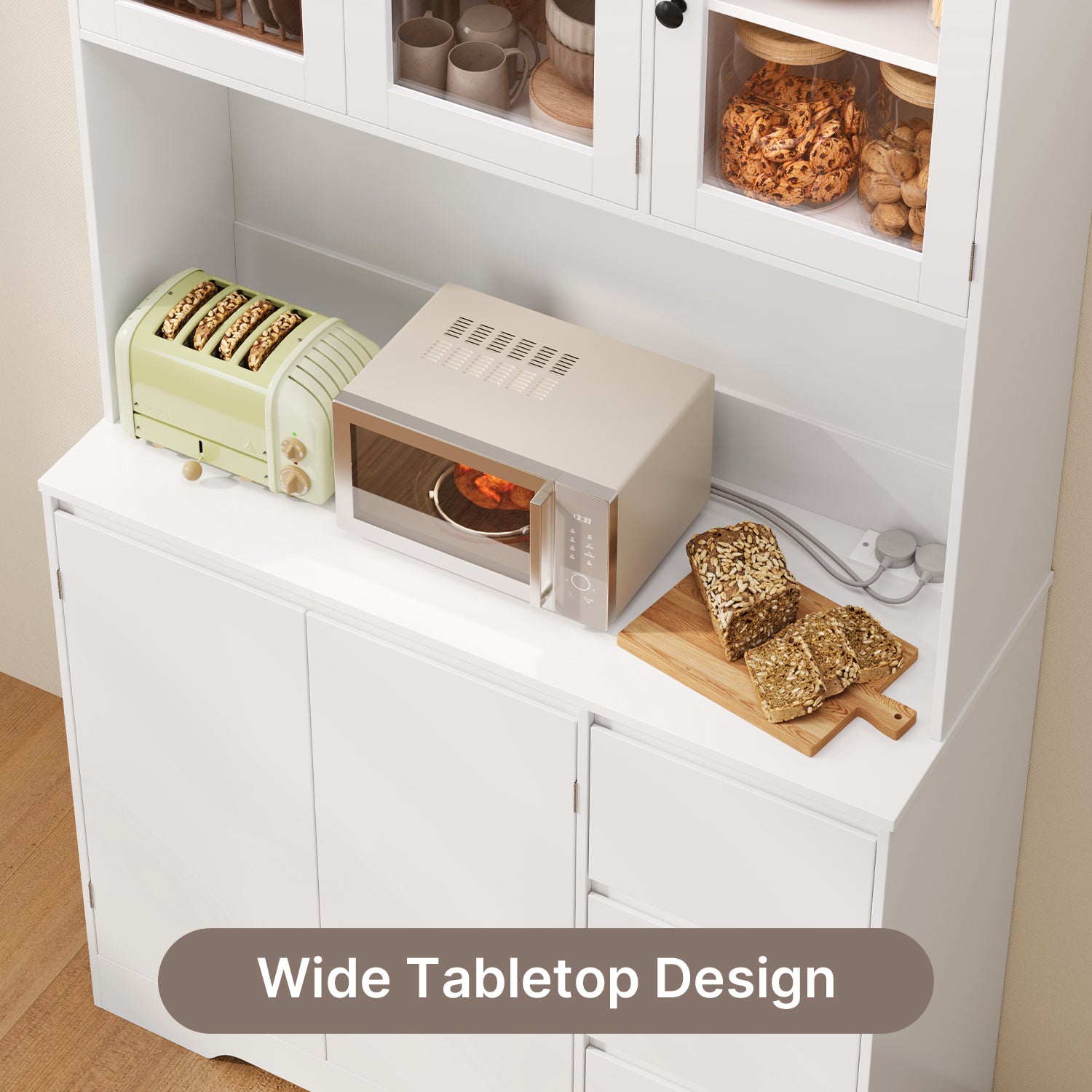 Bealife AP121 Küchenschrank mit Ladestation & Farbverstellbar LED Beleuchtung, Vitrinenschrank Hochschrank mit verstellbaren Regalen