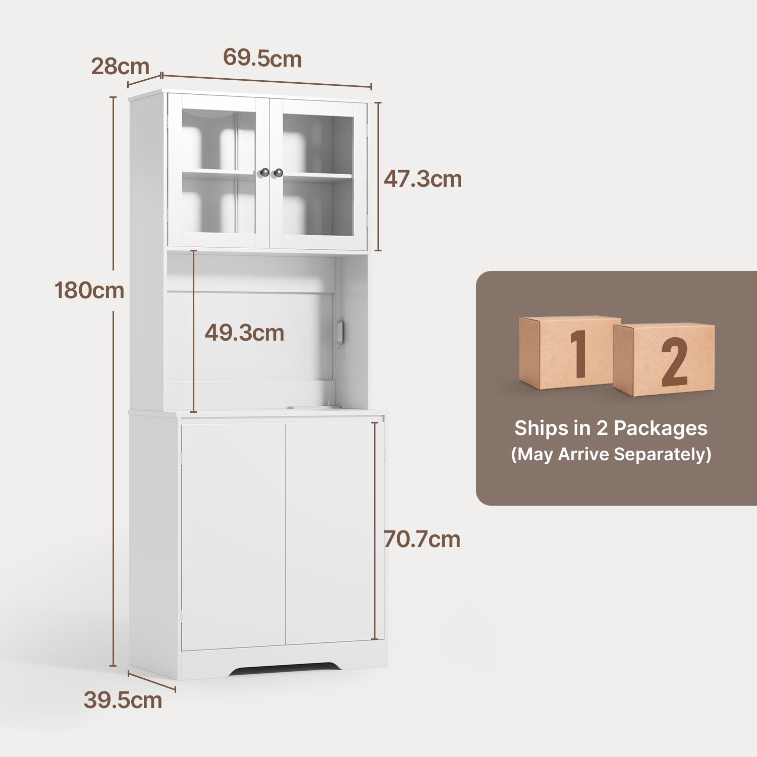 Bealife AP122 Küchen Hochschrank - 69,5×28×180 cm, mit farbverstellbarer LED-Beleuchtung & integrierter Ladestation, verstellbare Regale