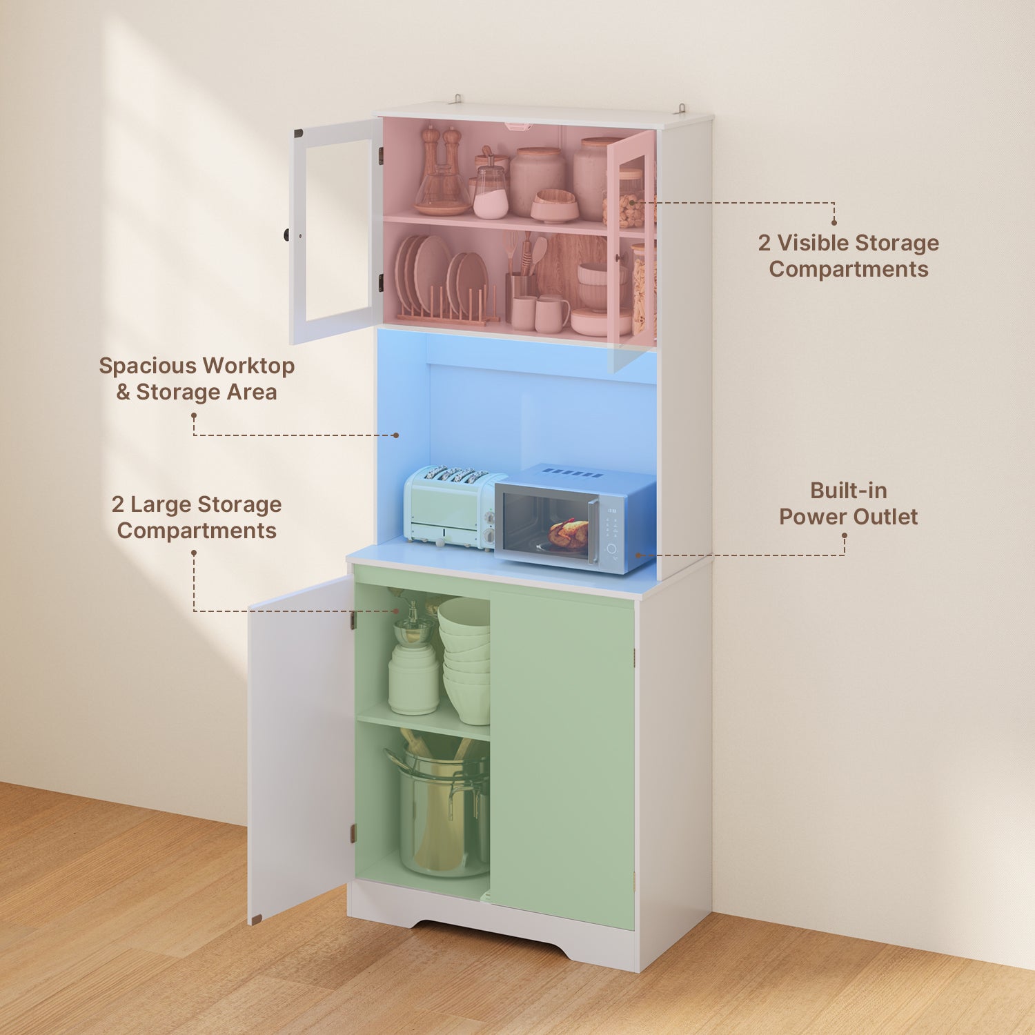 Bealife AP122 Küchen Hochschrank - 69,5×28×180 cm, mit farbverstellbarer LED-Beleuchtung & integrierter Ladestation, verstellbare Regale