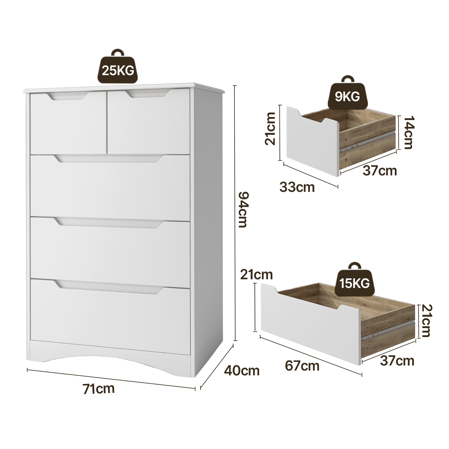Bealife AP23 Kommode mit 2 kleinen & 3 großen Schubladen, Wasserdichter für Schlafzimmer, Badezimmer und Eingangsbereich