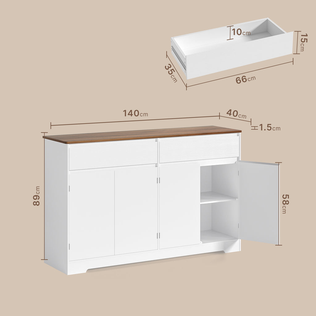 Bealife AP55 Küchenbuffet mit 2 Schubladen & 4 Türen, 140×40×89 cm, Retro-Stil Sideboards mit Kippsicherung