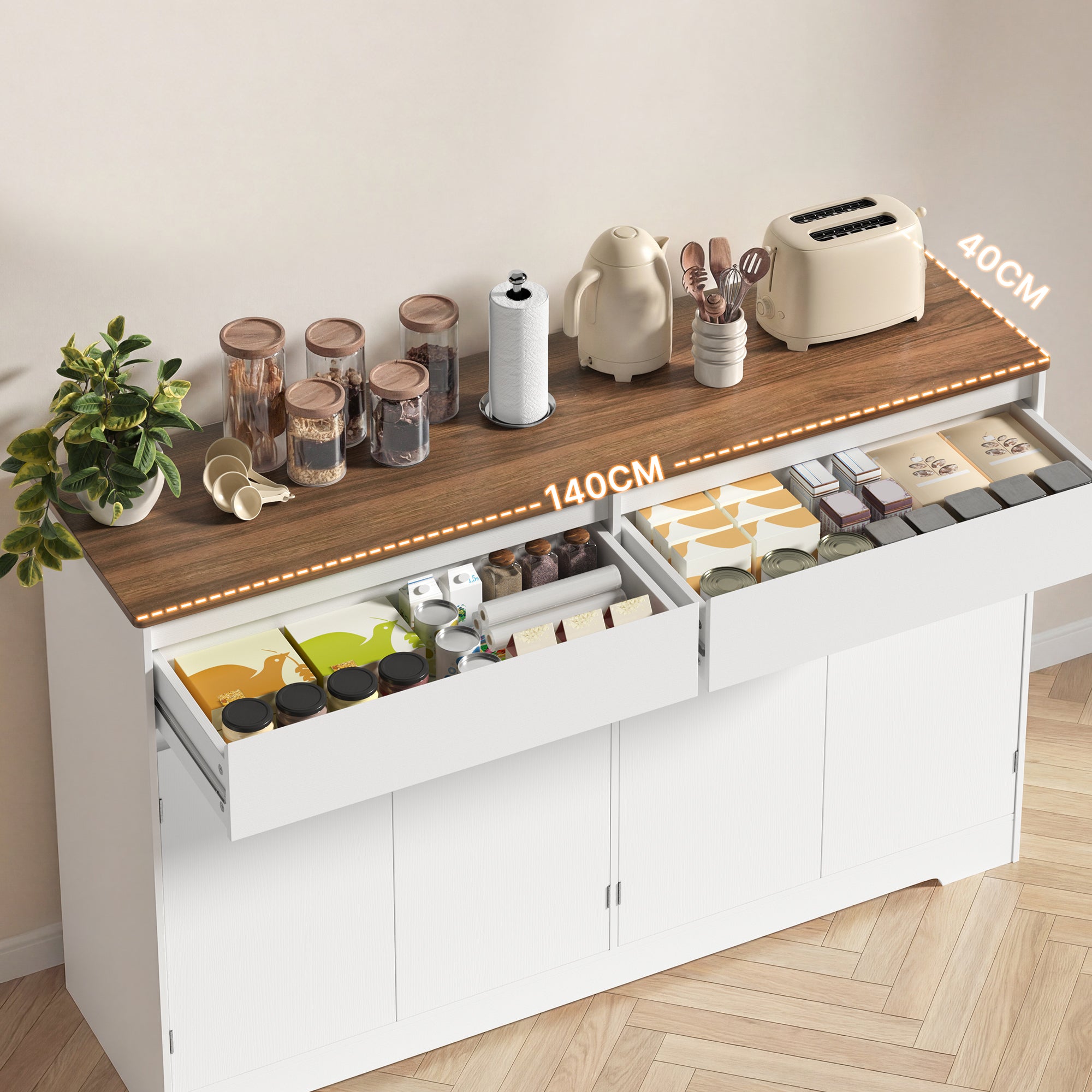 Bealife AP55 Küchenbuffet mit 2 Schubladen & 4 Türen, 140×40×89 cm, Retro-Stil Sideboards mit Kippsicherung