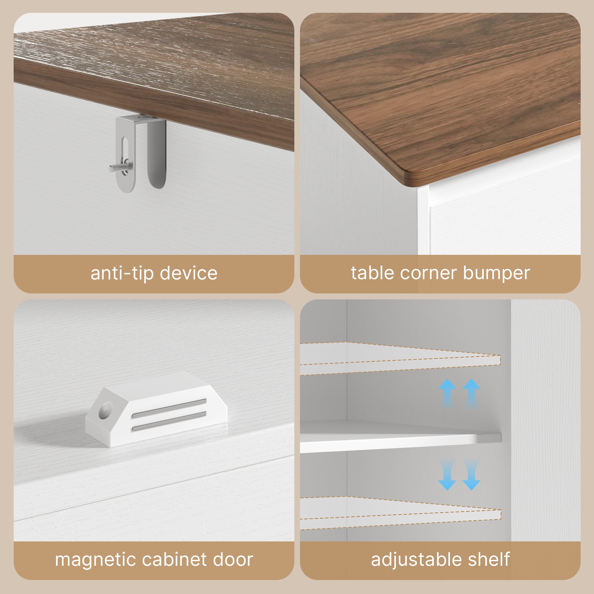 Bealife AP55 Küchenbuffet mit 2 Schubladen & 4 Türen, 140×40×89 cm, Retro-Stil Sideboards mit Kippsicherung