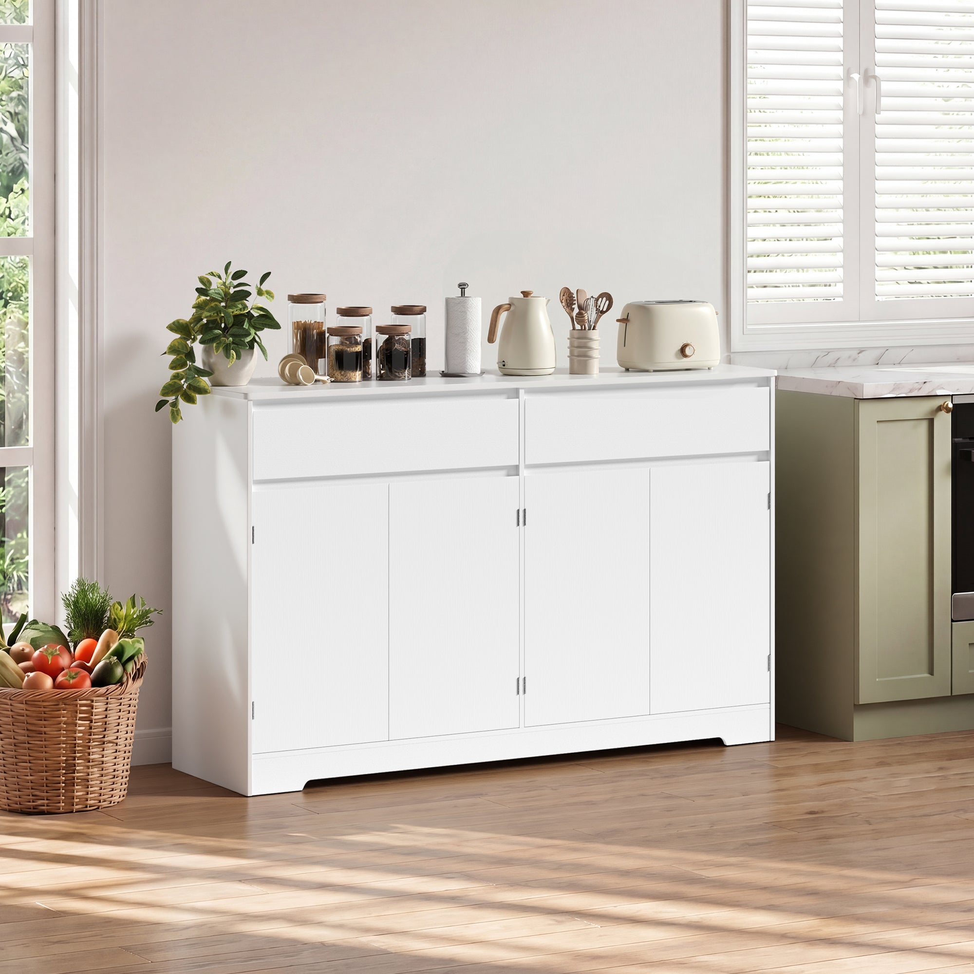 Bealife AP55 Küchenbuffet mit 2 Schubladen & 4 Türen, 140×40×89 cm, Retro-Stil Sideboards mit Kippsicherung