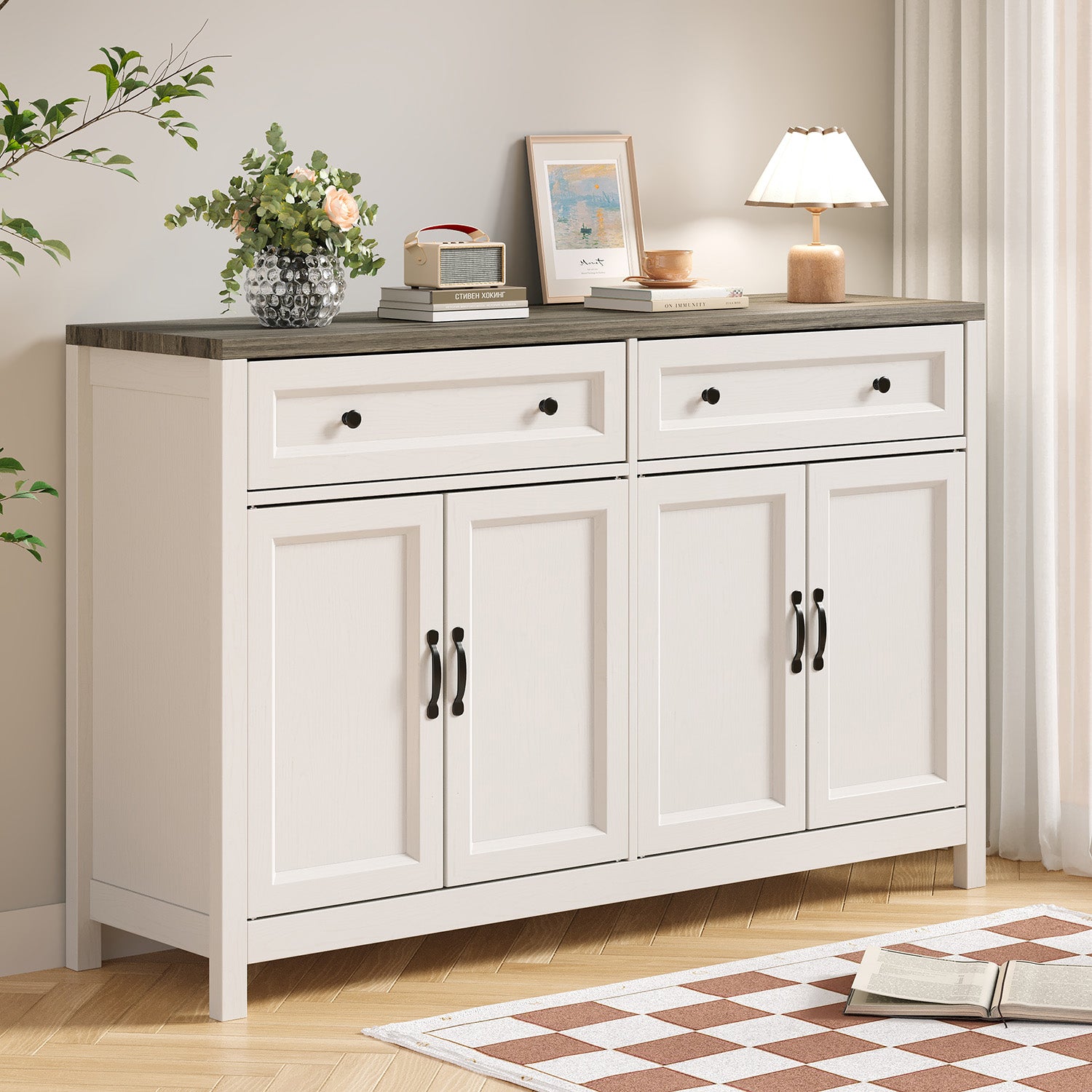 Bealife AP59 Küchenbuffet mit 2 Schubladen & 4 Türen, 140×40×90 cm, Retro-Stil Sideboards mit Kippsicherung
