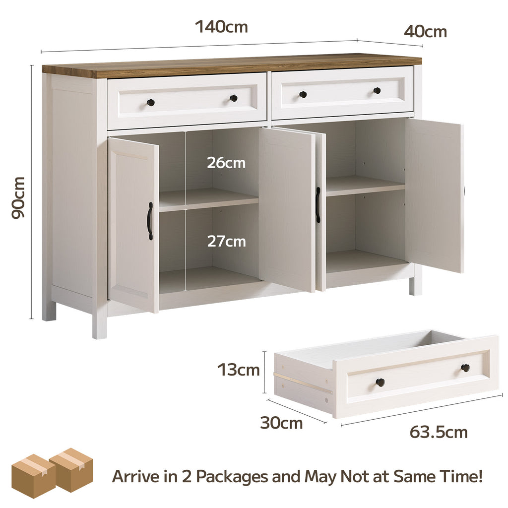 Bealife AP59 Küchenbuffet mit 2 Schubladen & 4 Türen, 140×40×90 cm, Retro-Stil Sideboards mit Kippsicherung