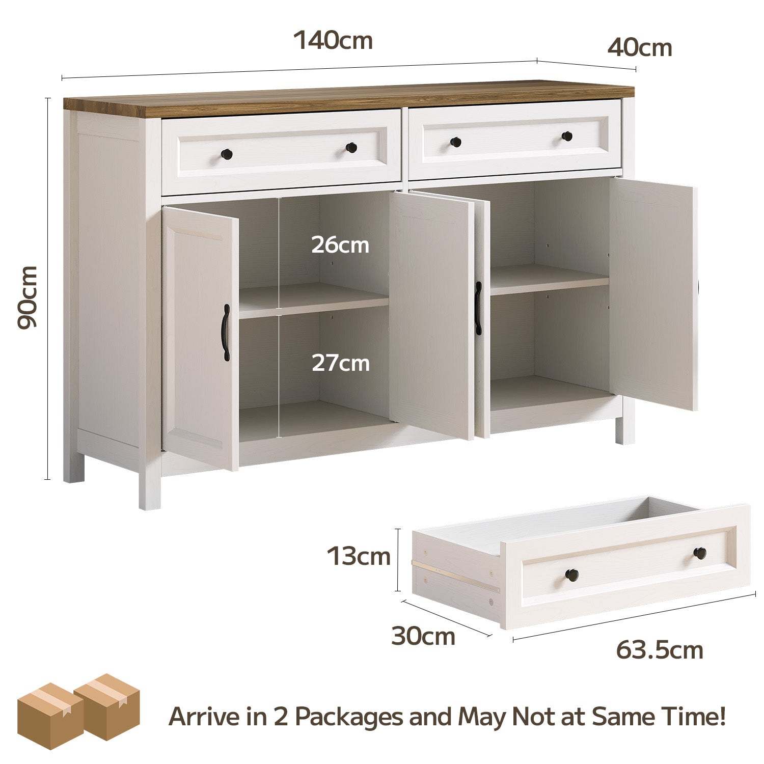 Bealife AP59 Küchenbuffet mit 2 Schubladen & 4 Türen, 140×40×90 cm, Retro-Stil Sideboards mit Kippsicherung