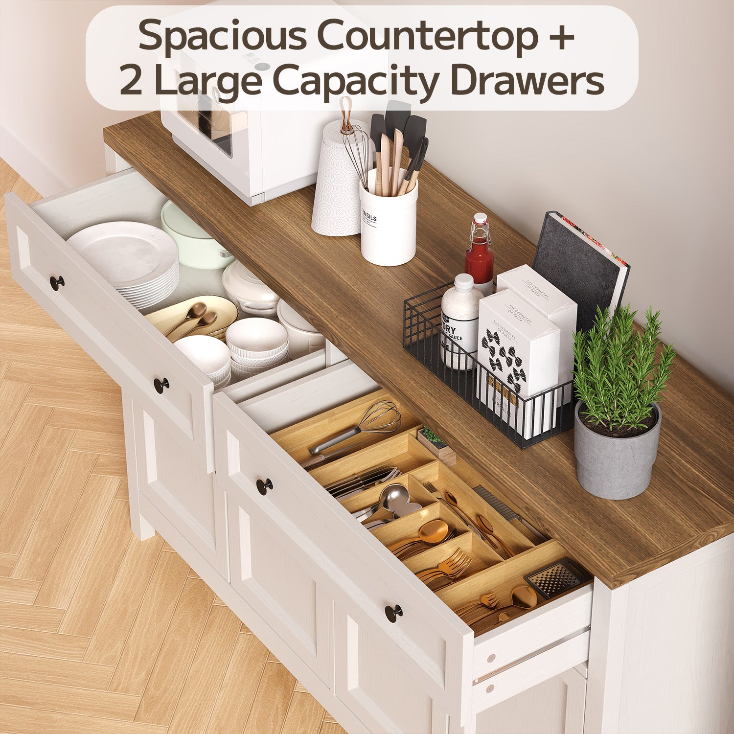 Bealife AP59 Küchenbuffet mit 2 Schubladen & 4 Türen, 140×40×90 cm, Retro-Stil Sideboards mit Kippsicherung