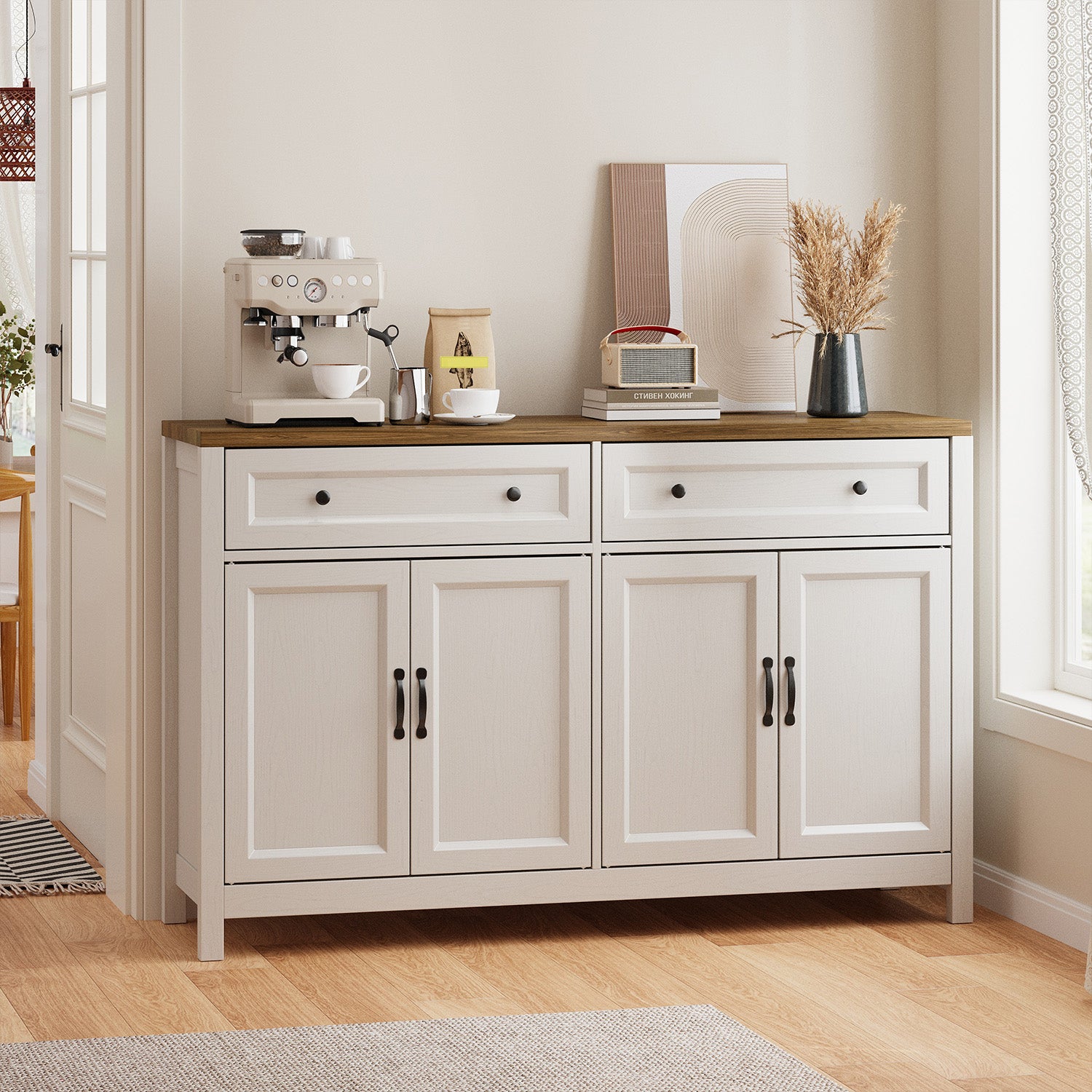 Bealife AP59 Küchenbuffet mit 2 Schubladen & 4 Türen, 140×40×90 cm, Retro-Stil Sideboards mit Kippsicherung
