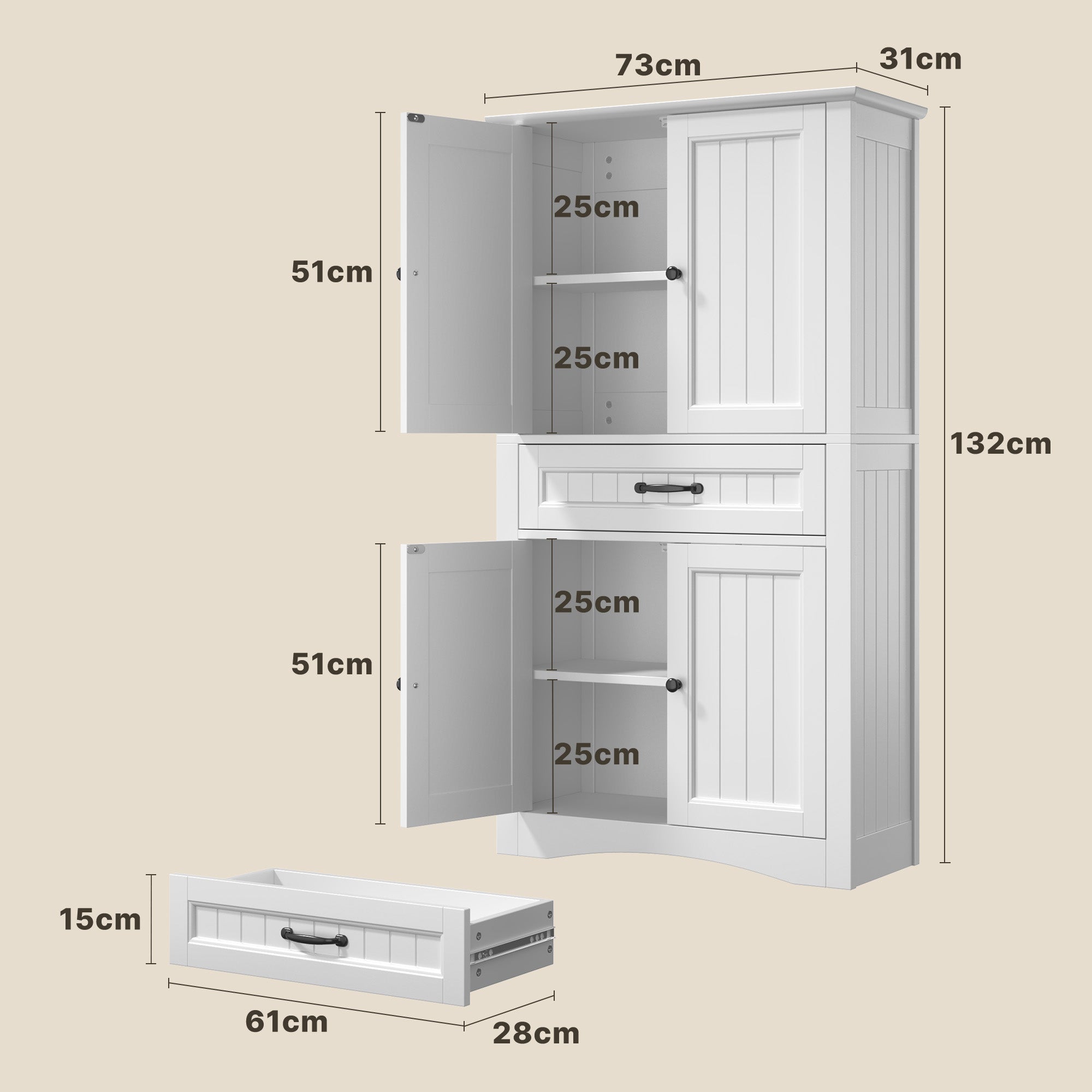 Bealife AP68 Badezimmer Hochschrank 73×31×132 cm, mit 4 Türen, 1 Schublade & verstellbaren Regalen