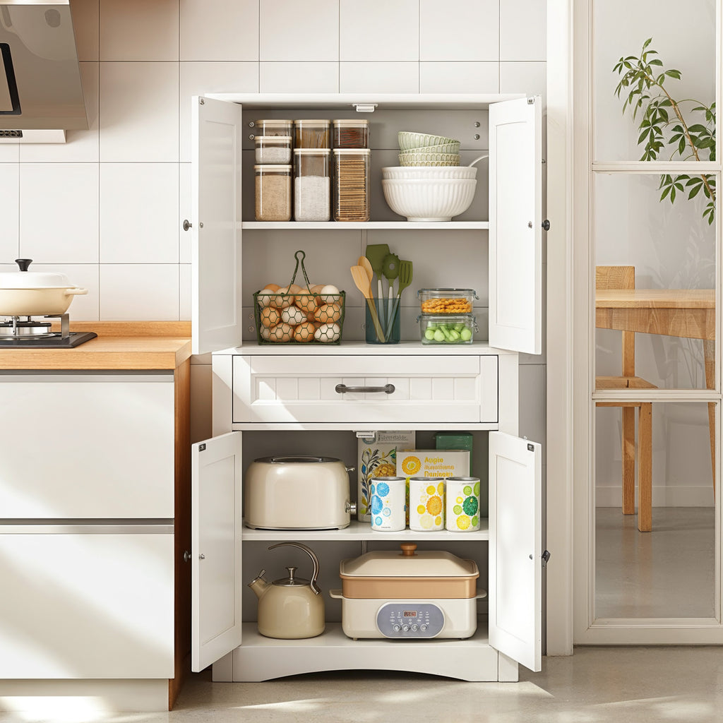 Bealife AP68 Badezimmer Hochschrank 73×31×132 cm, mit 4 Türen, 1 Schublade & verstellbaren Regalen