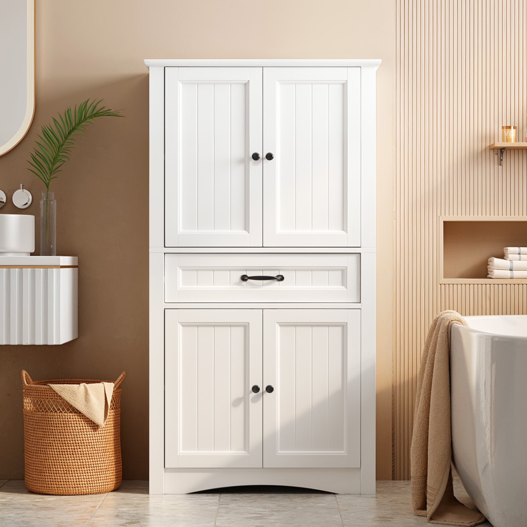 Bealife AP68 Badezimmer Hochschrank 73×31×132 cm, mit 4 Türen, 1 Schublade & verstellbaren Regalen