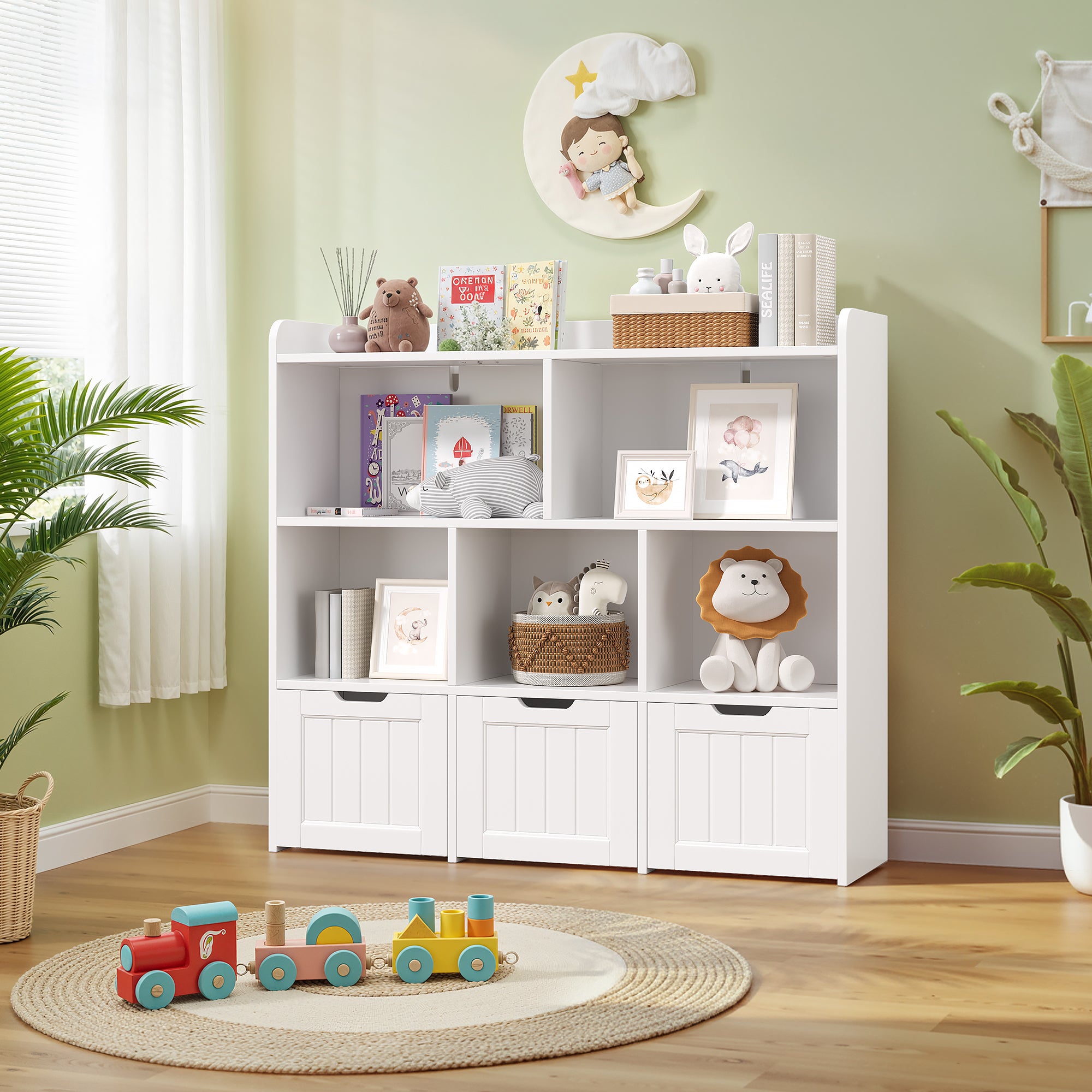 Bealife AP81 Kinder Spielzeugschrank für Spielzeug und Bücher, mit offenen Fächern und ausziehbare Schubladen mit Rollen