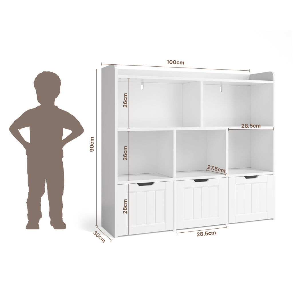 Bealife AP81 Kinder Spielzeugschrank für Spielzeug und Bücher, mit offenen Fächern und ausziehbare Schubladen mit Rollen