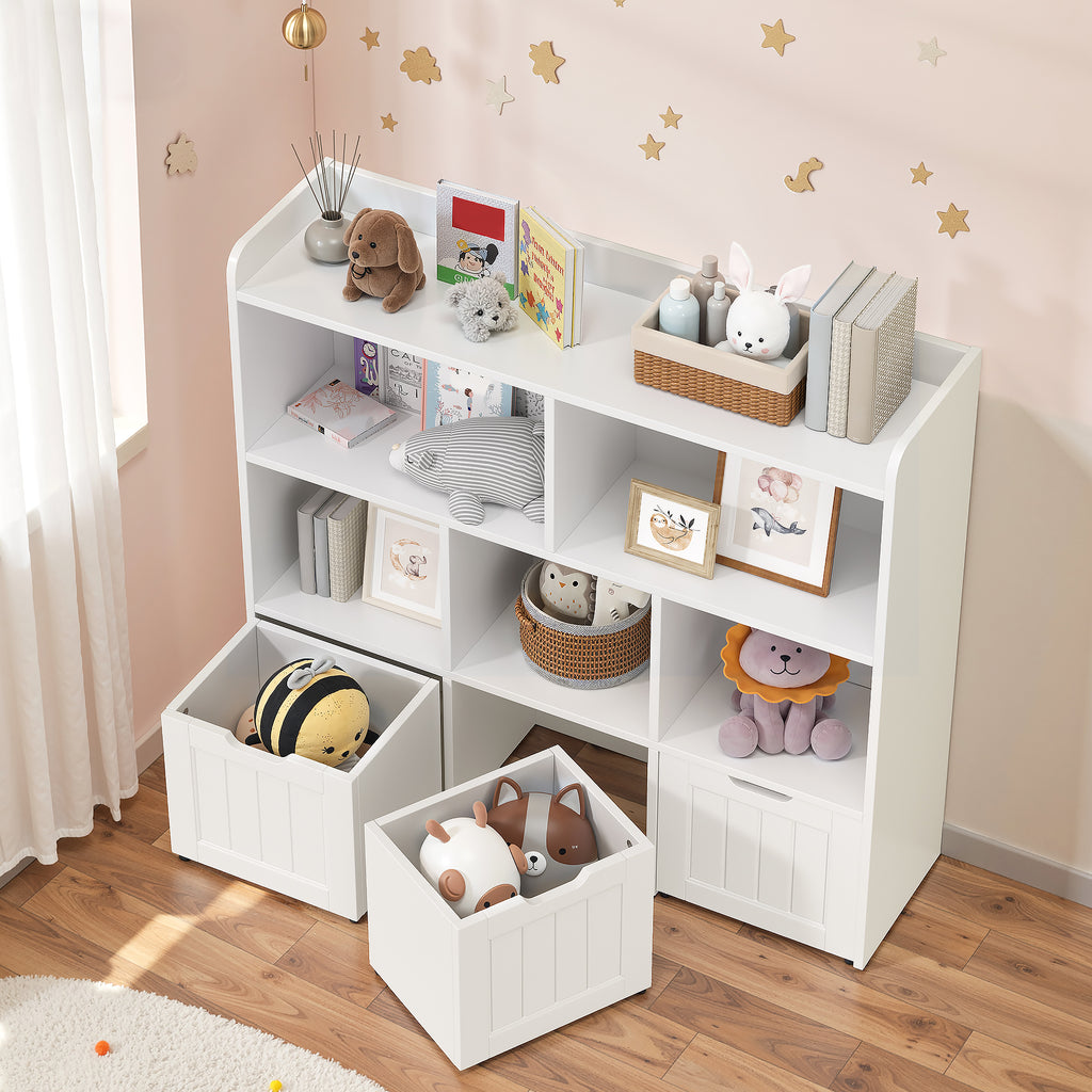 Bealife AP81 Kinder Spielzeugschrank für Spielzeug und Bücher, mit offenen Fächern und ausziehbare Schubladen mit Rollen