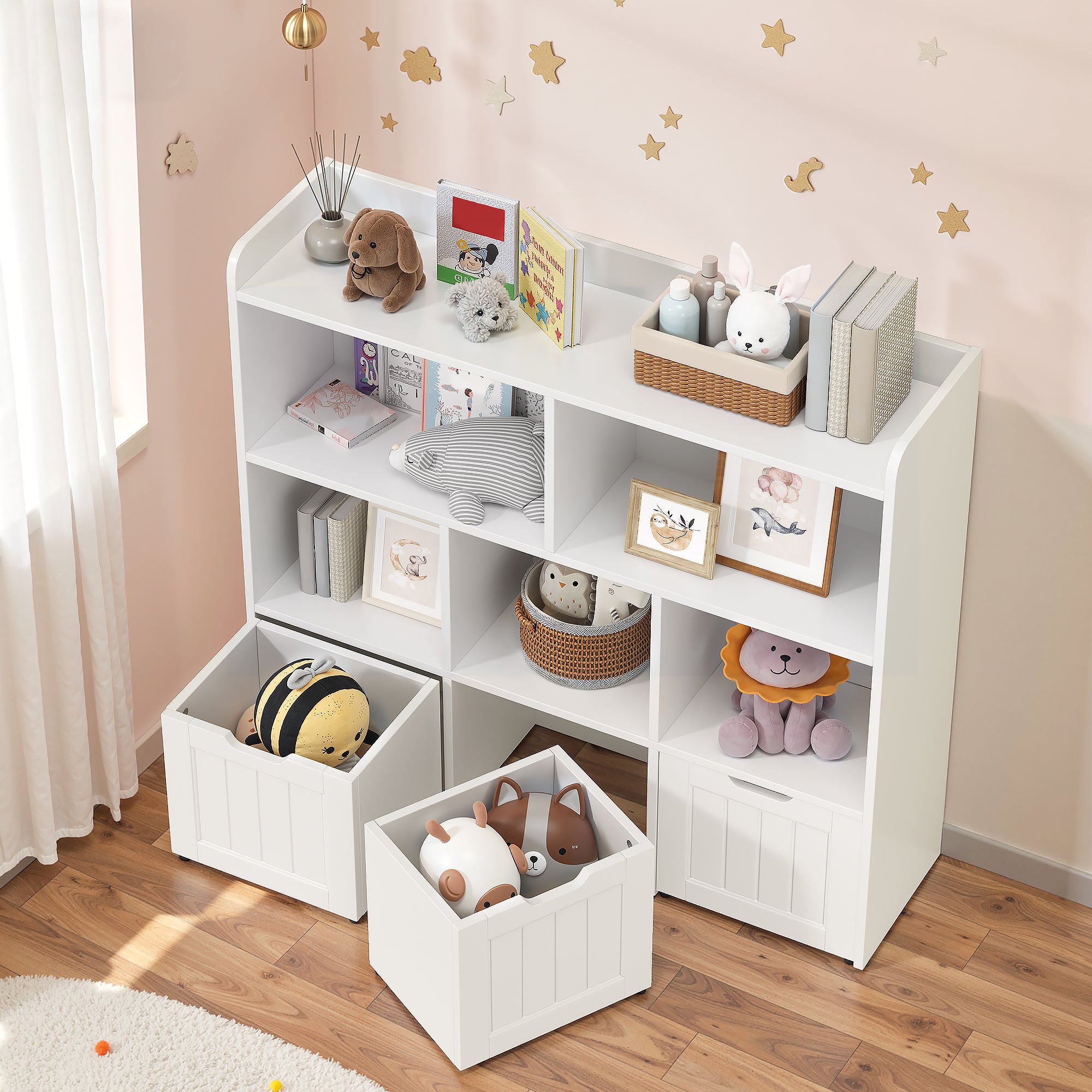 Bealife AP81 Kinder Spielzeugschrank für Spielzeug und Bücher, mit offenen Fächern und ausziehbare Schubladen mit Rollen