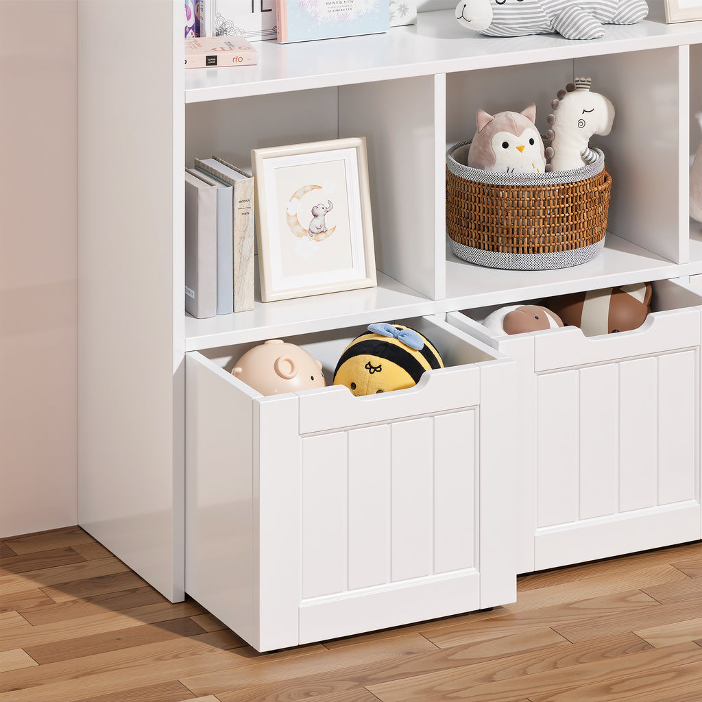 Bealife AP81 Kinder Spielzeugschrank für Spielzeug und Bücher, mit offenen Fächern und ausziehbare Schubladen mit Rollen