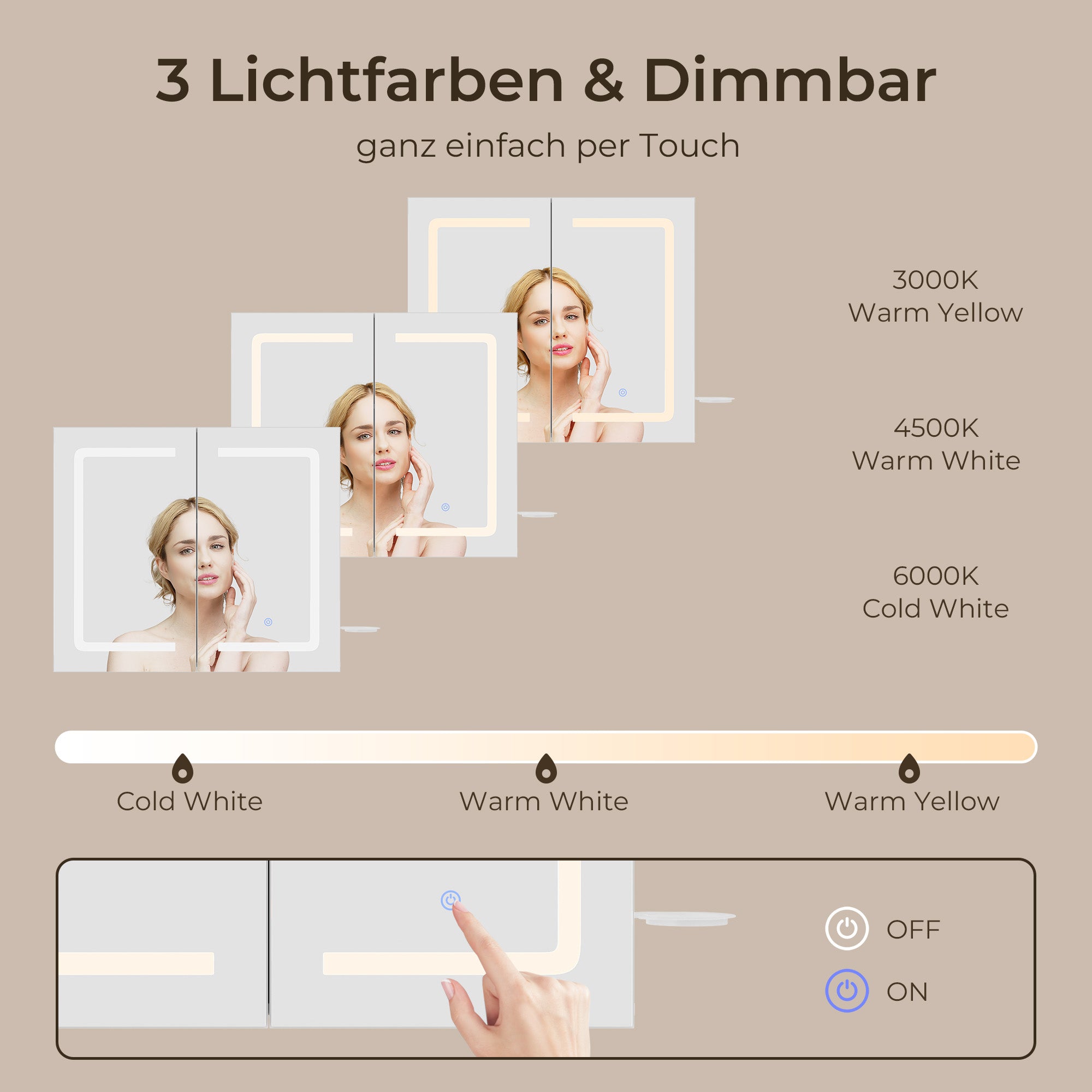 Bealife AP84 LED Spiegelschrank mit Beleuchtung, 70cm Badezimmer Spiegel Schränke mit 3 Lichtfarben & Dimmfunktion
