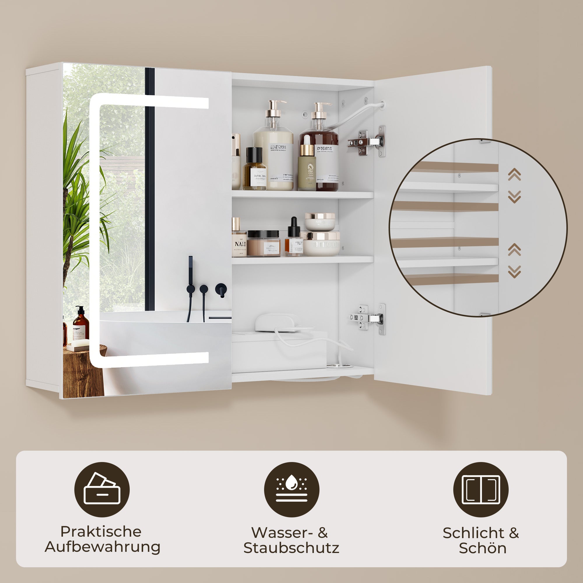 Bealife AP84 LED Spiegelschrank mit Beleuchtung, 70cm Badezimmer Spiegel Schränke mit 3 Lichtfarben & Dimmfunktion
