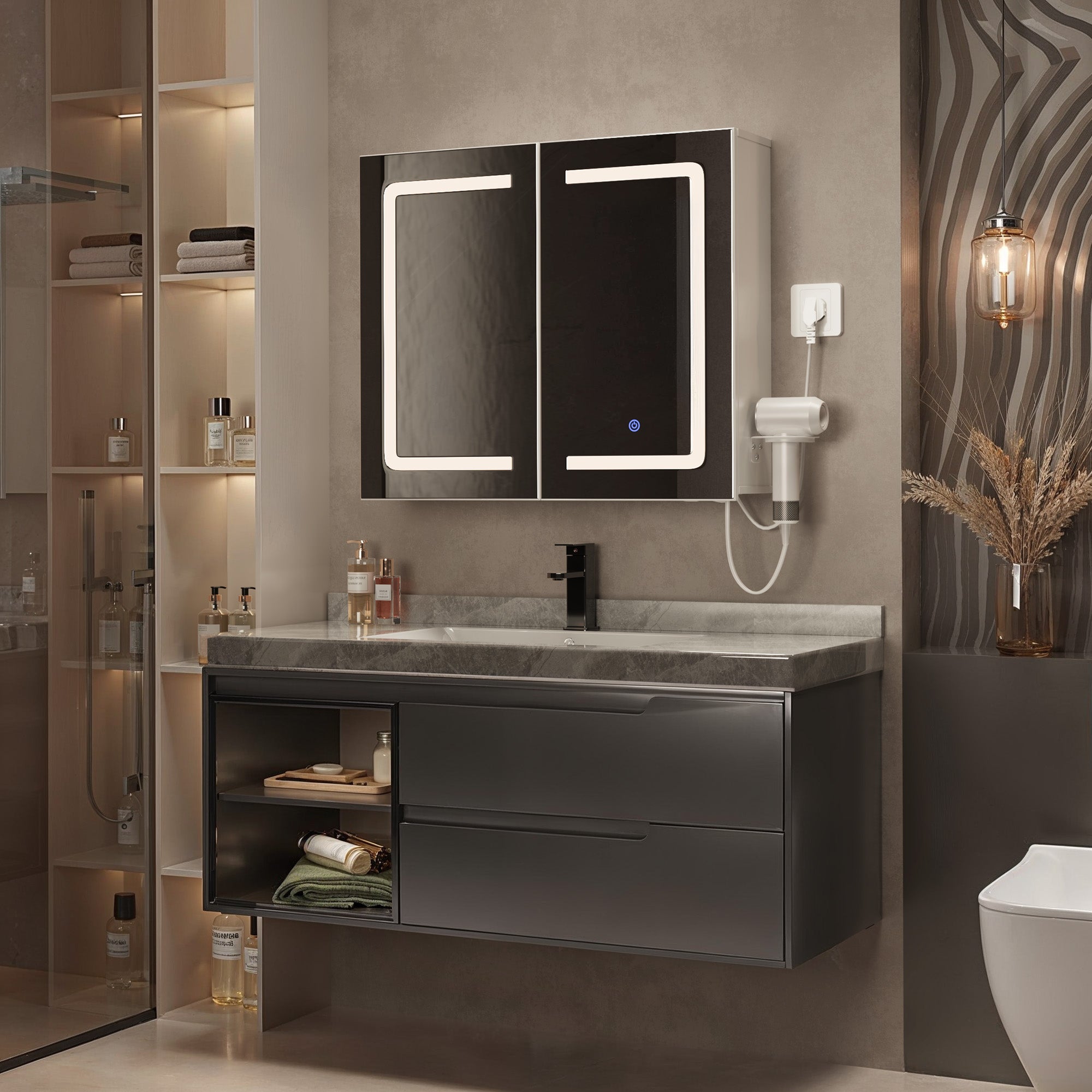 Bealife AP84 LED Spiegelschrank mit Beleuchtung, 70cm Badezimmer Spiegel Schränke mit 3 Lichtfarben & Dimmfunktion