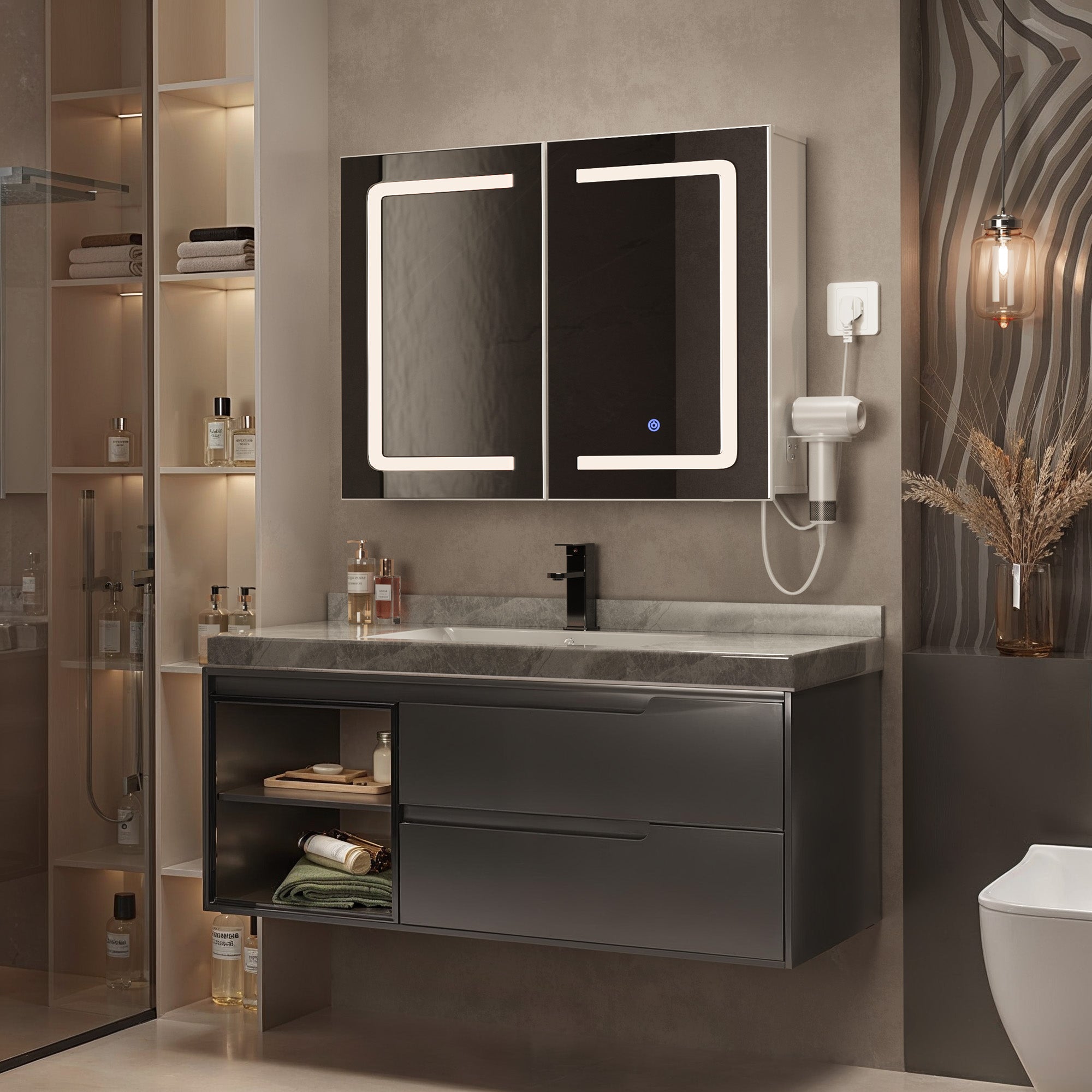 Bealife AP85 LED Spiegelschrank mit Beleuchtung, 80 cm Badezimmer Spiegel Schränke mit 3 Lichtfarben & Dimmfunktion