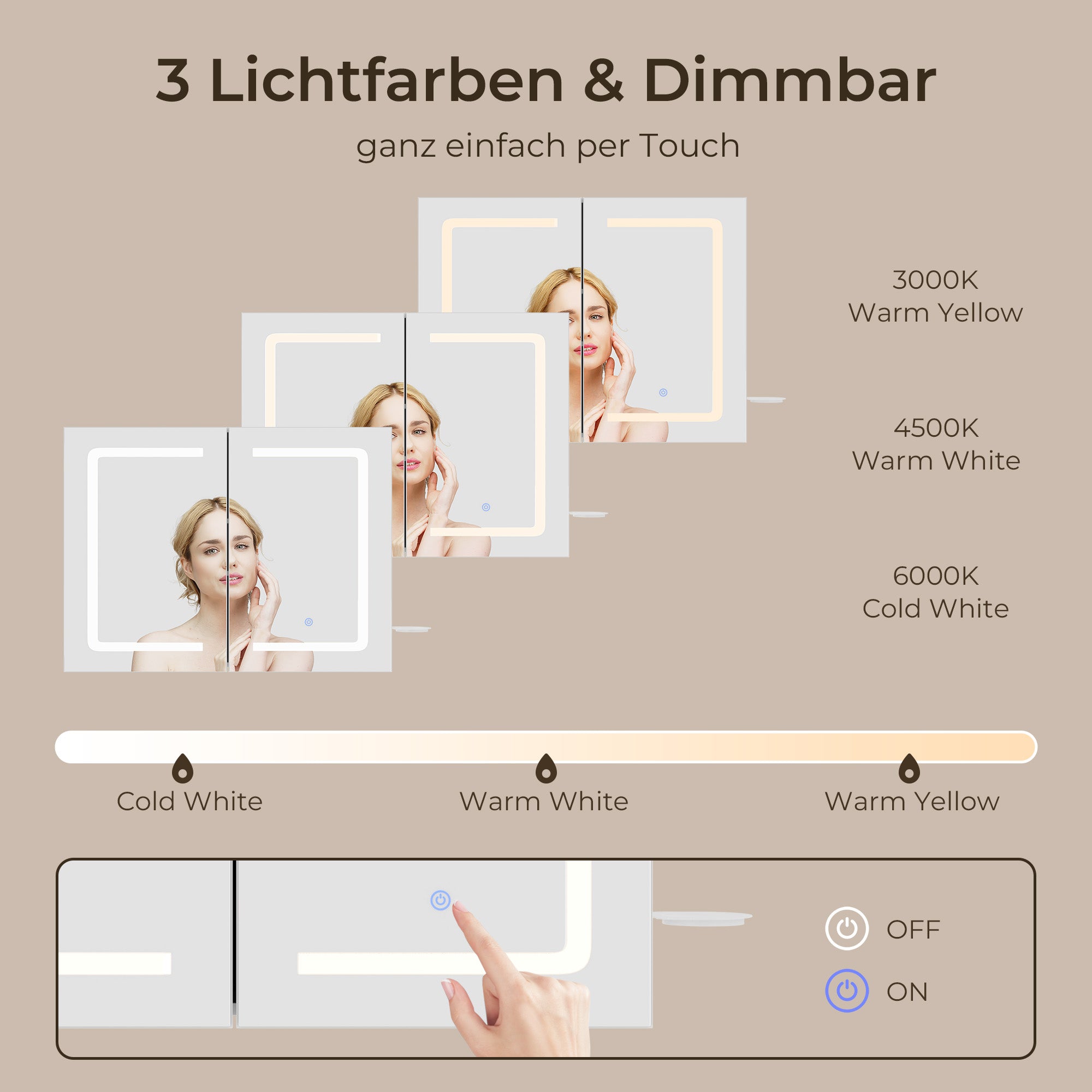 Bealife AP85 LED Spiegelschrank mit Beleuchtung, 80 cm Badezimmer Spiegel Schränke mit 3 Lichtfarben & Dimmfunktion