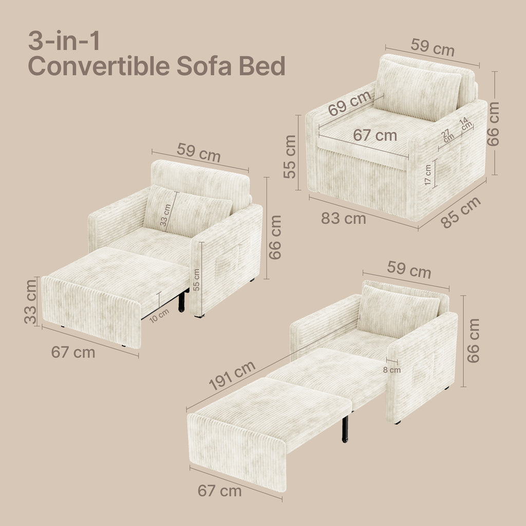 Bealife AR14 Schlafsofa mit Schlafunktion, 3-in-1 Cord Sofabett mit Konvertierbar Rückenlehnet für kleine Wohnzimmer, Büros und Gästezimmer