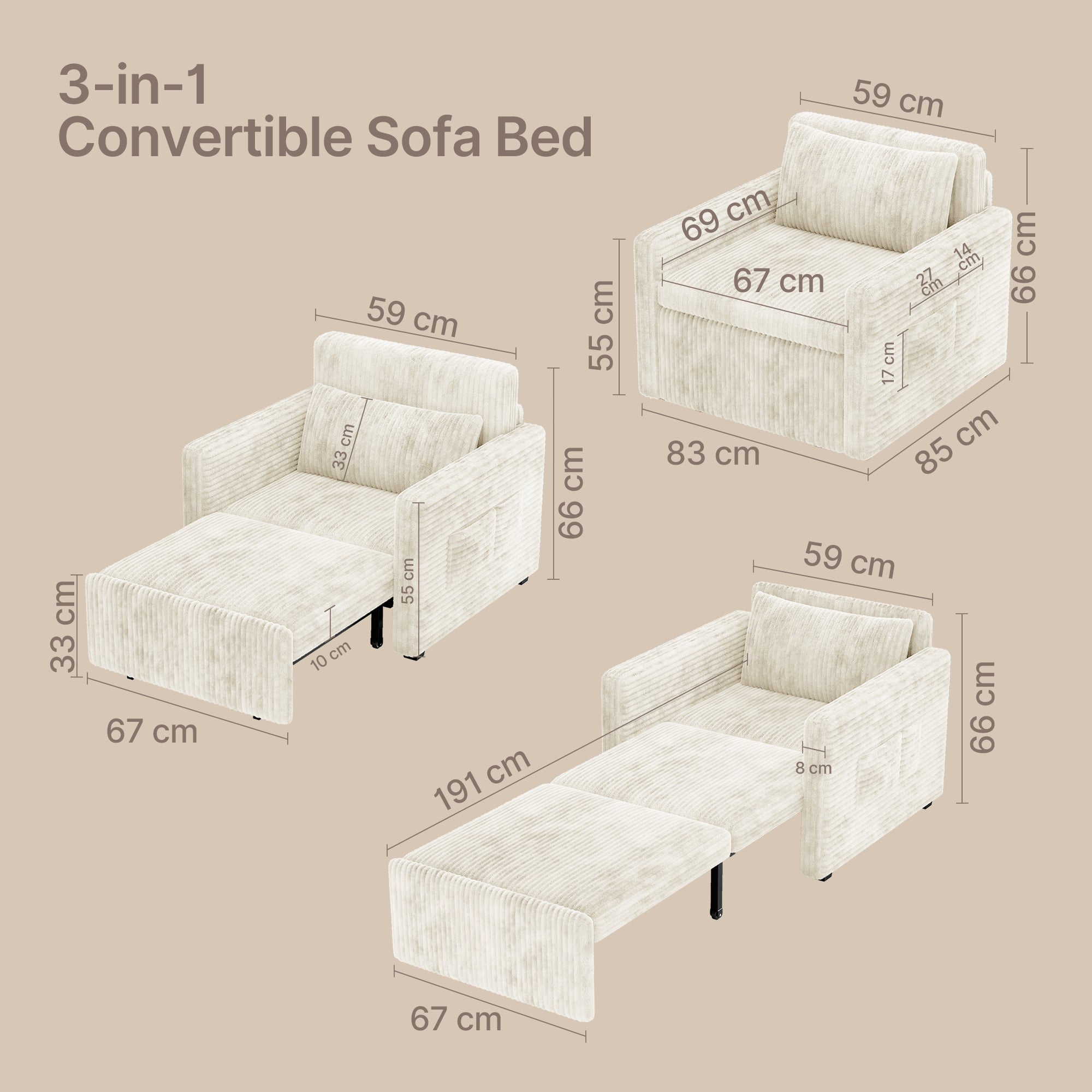 Bealife AR14 Schlafsofa mit Schlafunktion, 3-in-1 Cord Sofabett mit Konvertierbar Rückenlehnet für kleine Wohnzimmer, Büros und Gästezimmer