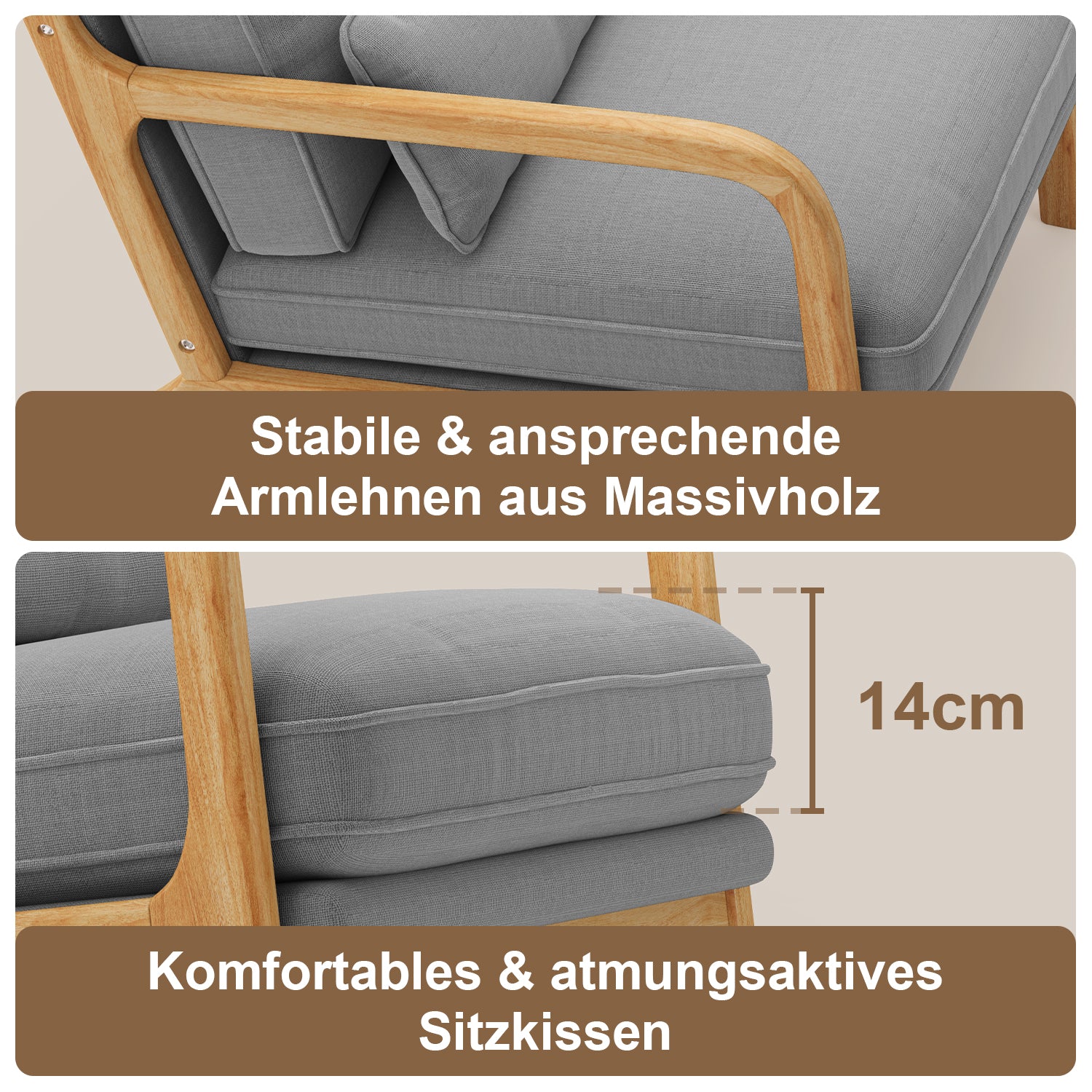 Bealife AR16 Loungesessel, Holz Sessel mit Polsterung und verstellbarer Rückenlehne zum Entspannen