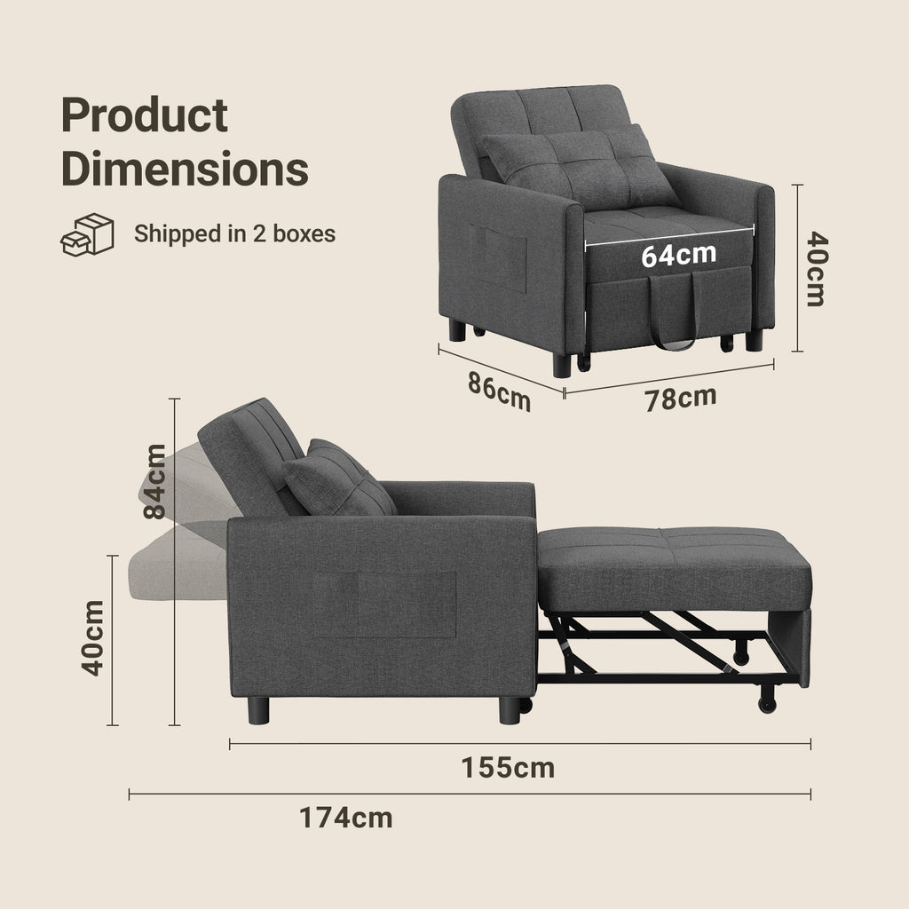 Bealife AR24 Sofabett, 3-in-1 konvertierbares Stuhl-Bett, Liege mit Schlaffunktion, mit Kissen