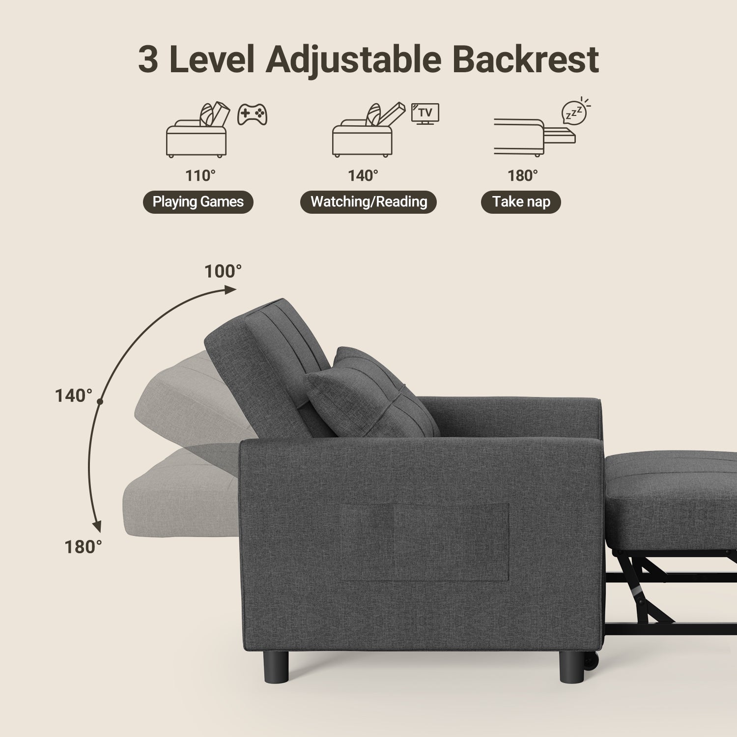 Bealife AR24 Sofabett, 3-in-1 konvertierbares Stuhl-Bett, Liege mit Schlaffunktion, mit Kissen