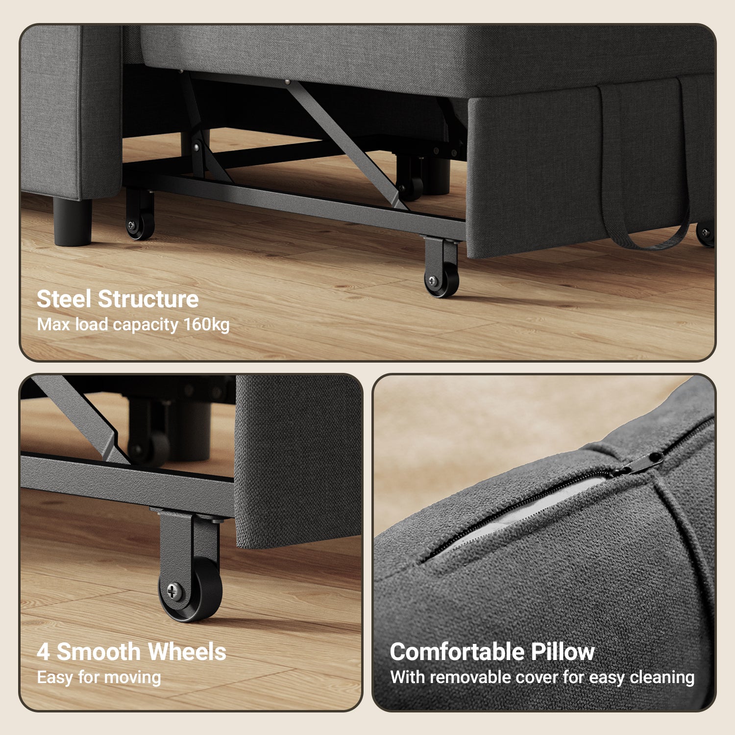 Bealife AR24 Sofabett, 3-in-1 konvertierbares Stuhl-Bett, Liege mit Schlaffunktion, mit Kissen