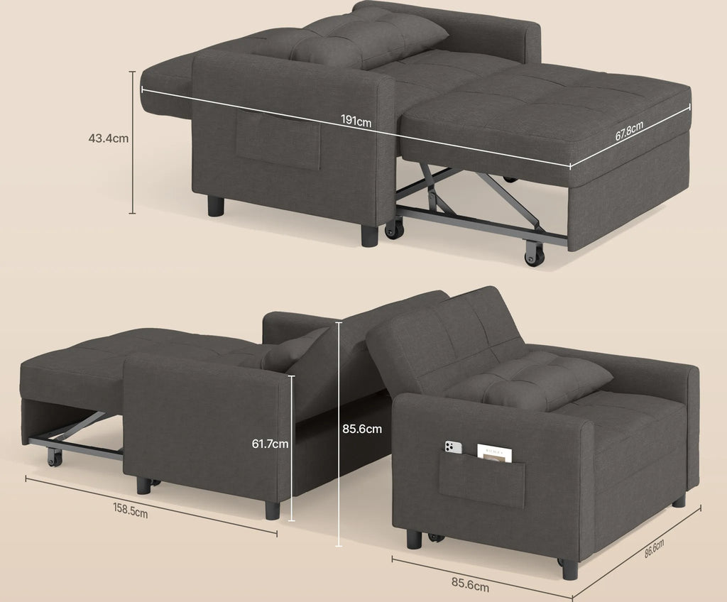 Bealife AR22 Ausziehbares Schlafsofa mit Rollen & Kissen - 191×68×44 cm,  3-in-1  konvertierbares Sofabett