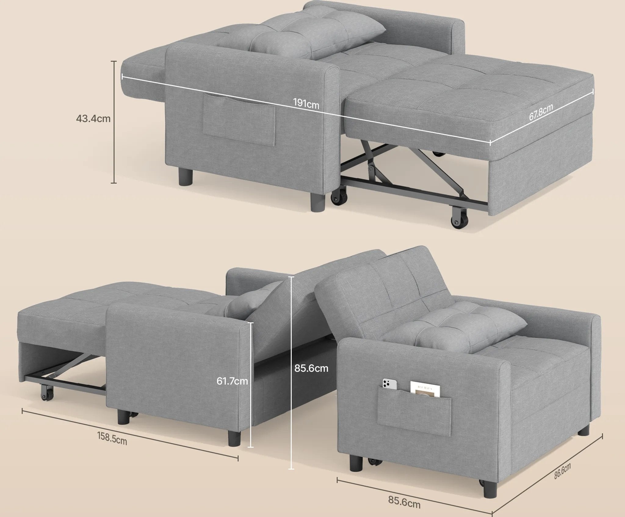 Bealife AR22 Ausziehbares Schlafsofa mit Rollen & Kissen - 191×68×44 cm,  3-in-1  konvertierbares Sofabett