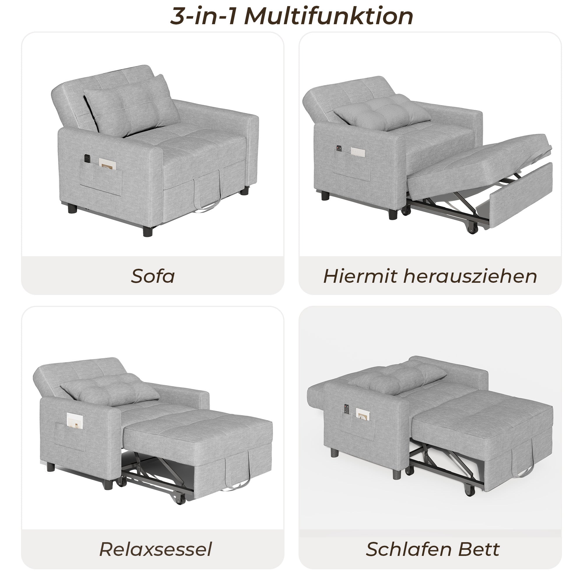 Bealife AR22 Ausziehbares Schlafsofa mit Rollen & Kissen - 191×68×44 cm,  3-in-1  konvertierbares Sofabett