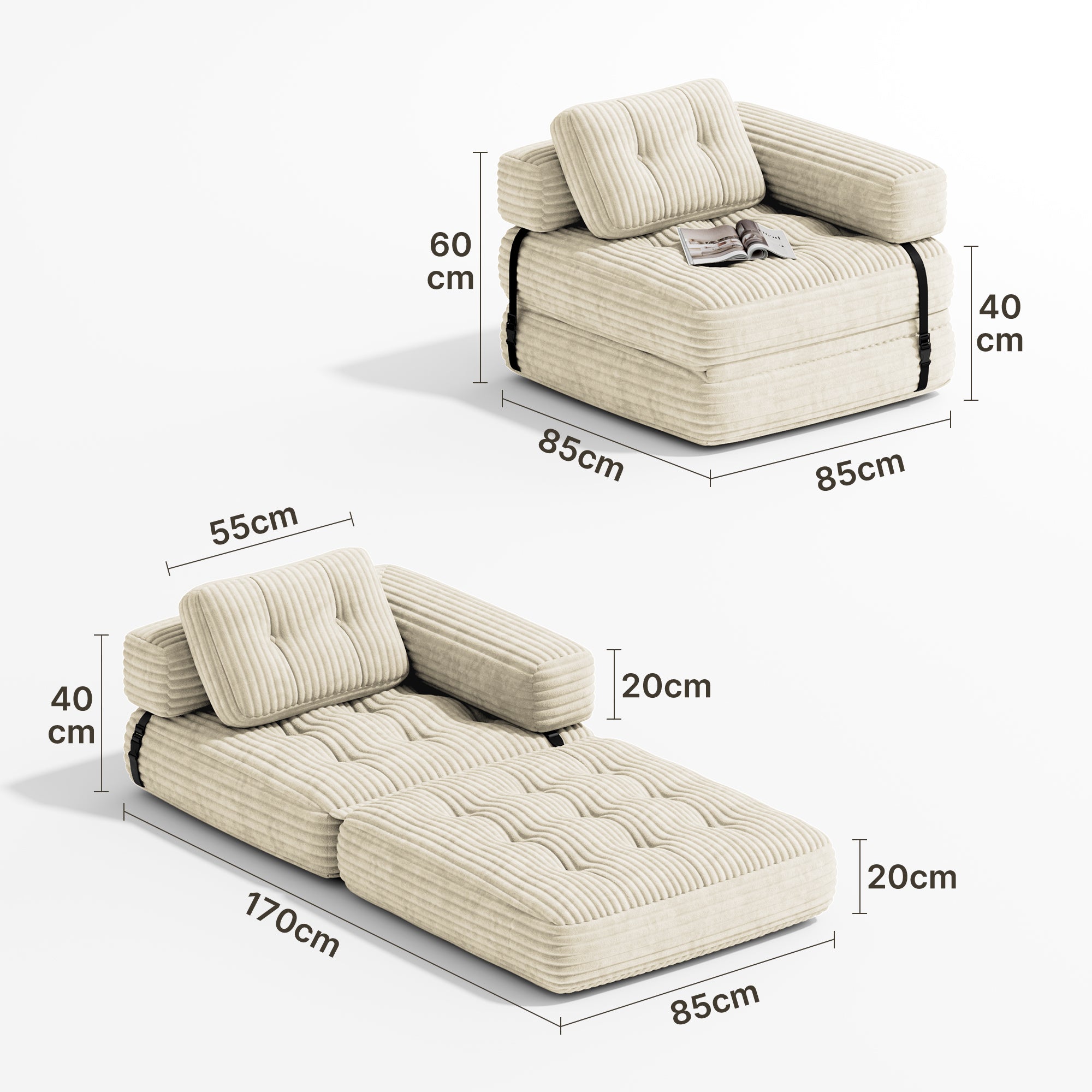 Bealife AR34 3-in-1 faltbares Sofa, Sitzsack und Gästebett. Vielseitig nutzbar, komfortabel und platzsparend – perfekt als faltbares Schlafsofa für kleine Räume, Wohnzimmer und Gästezimmer.