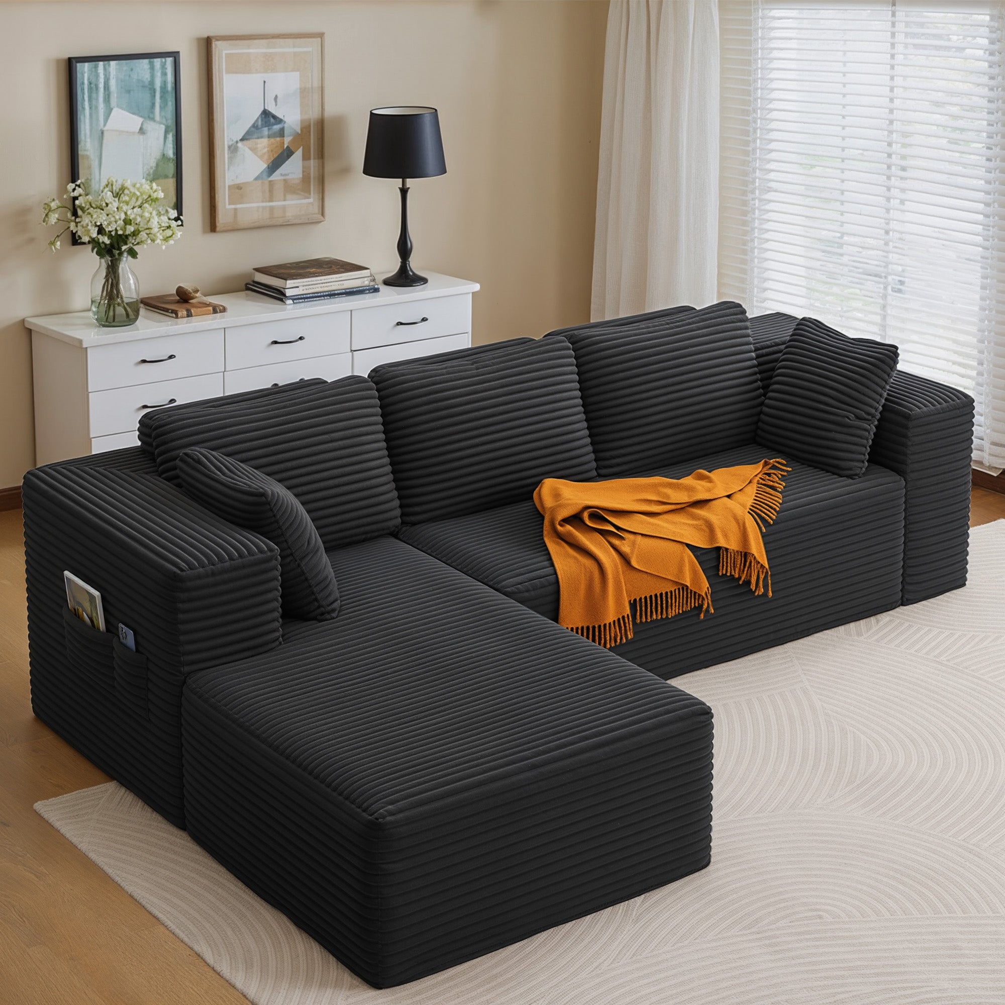 Bealife AR35 Ecksofa mit Recamiere, Modulares Sofa Cord-Bezug 4-Sitzer für Wohnzimmer