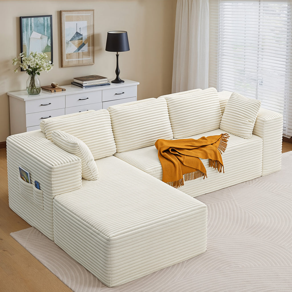 Bealife AR35 Ecksofa mit Recamiere, Modulares Sofa Cord-Bezug 4-Sitzer für Wohnzimmer