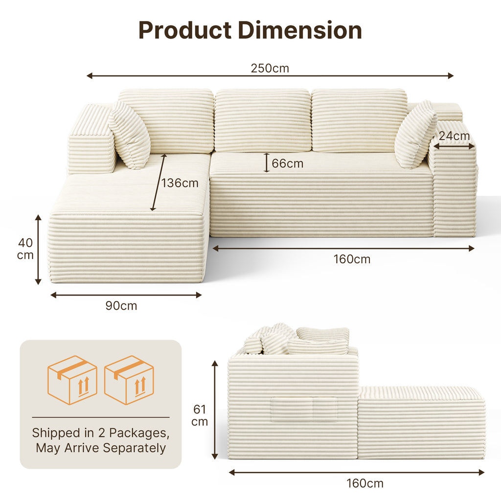 Bealife AR35 Ecksofa mit Recamiere, Modulares Sofa Cord-Bezug 4-Sitzer für Wohnzimmer